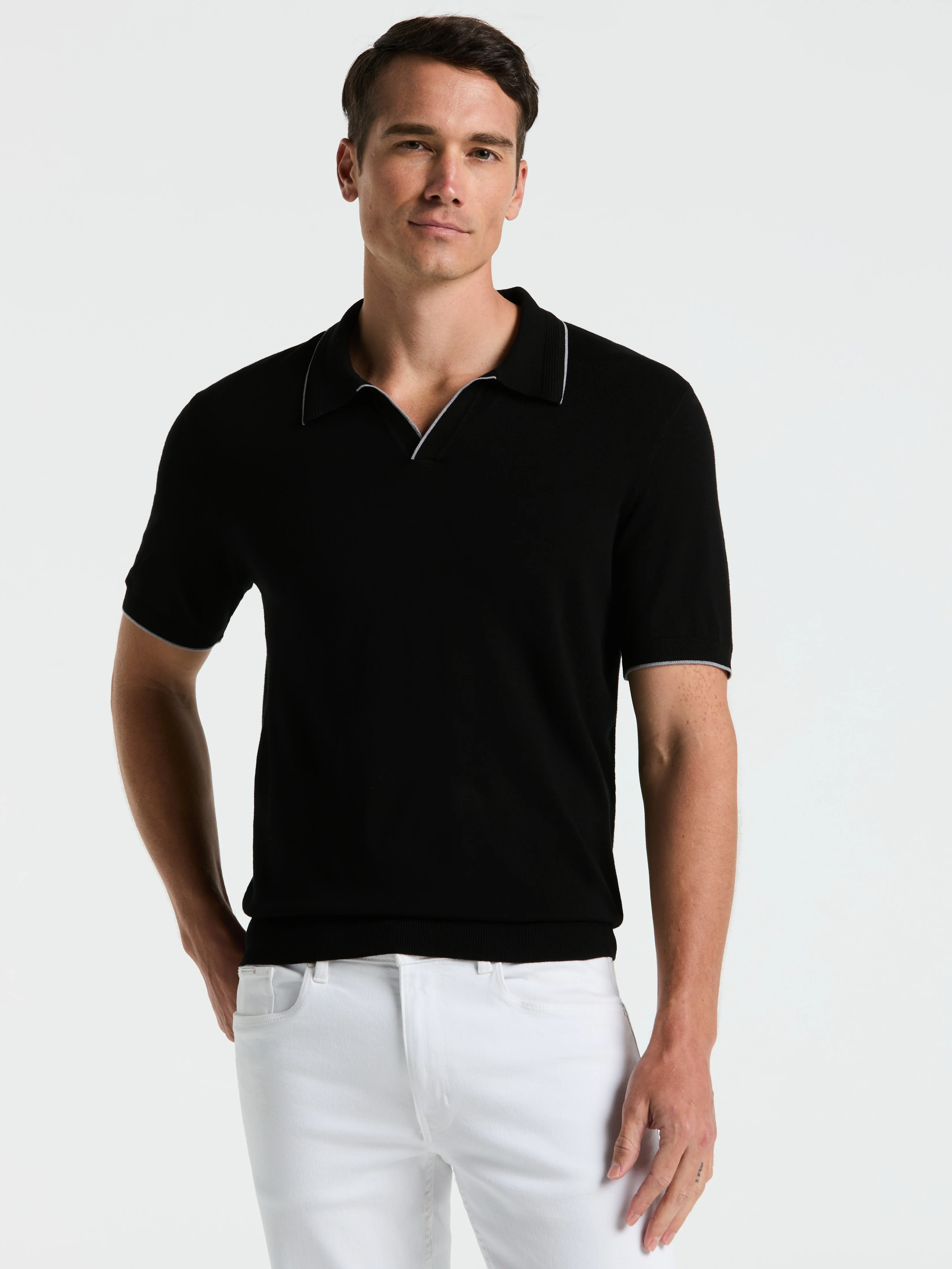 Tech Knit Open Polo Sweater with Tipping Detail