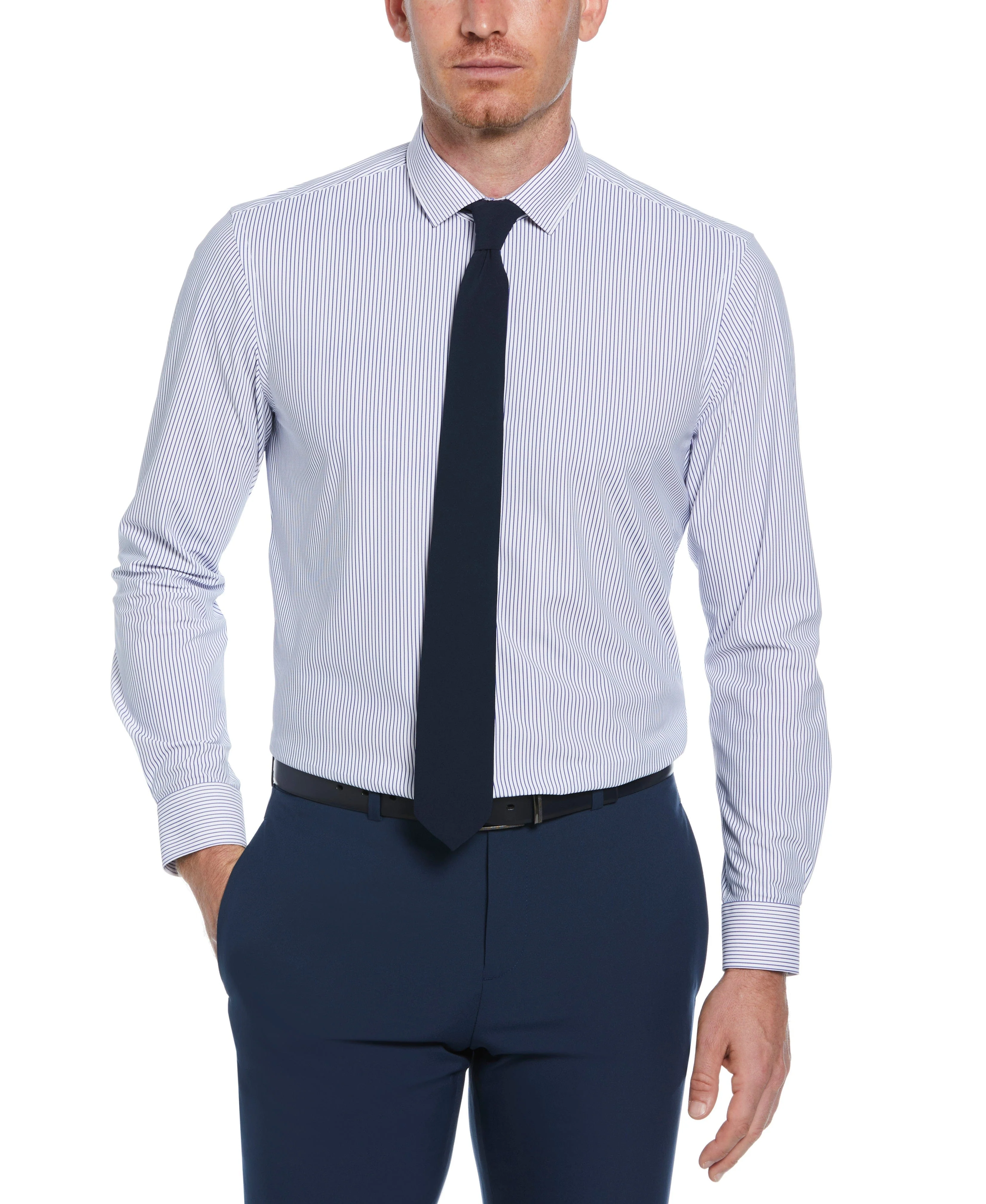 Slim Fit Knit Navy and White Thin Stripe Dress Shirt