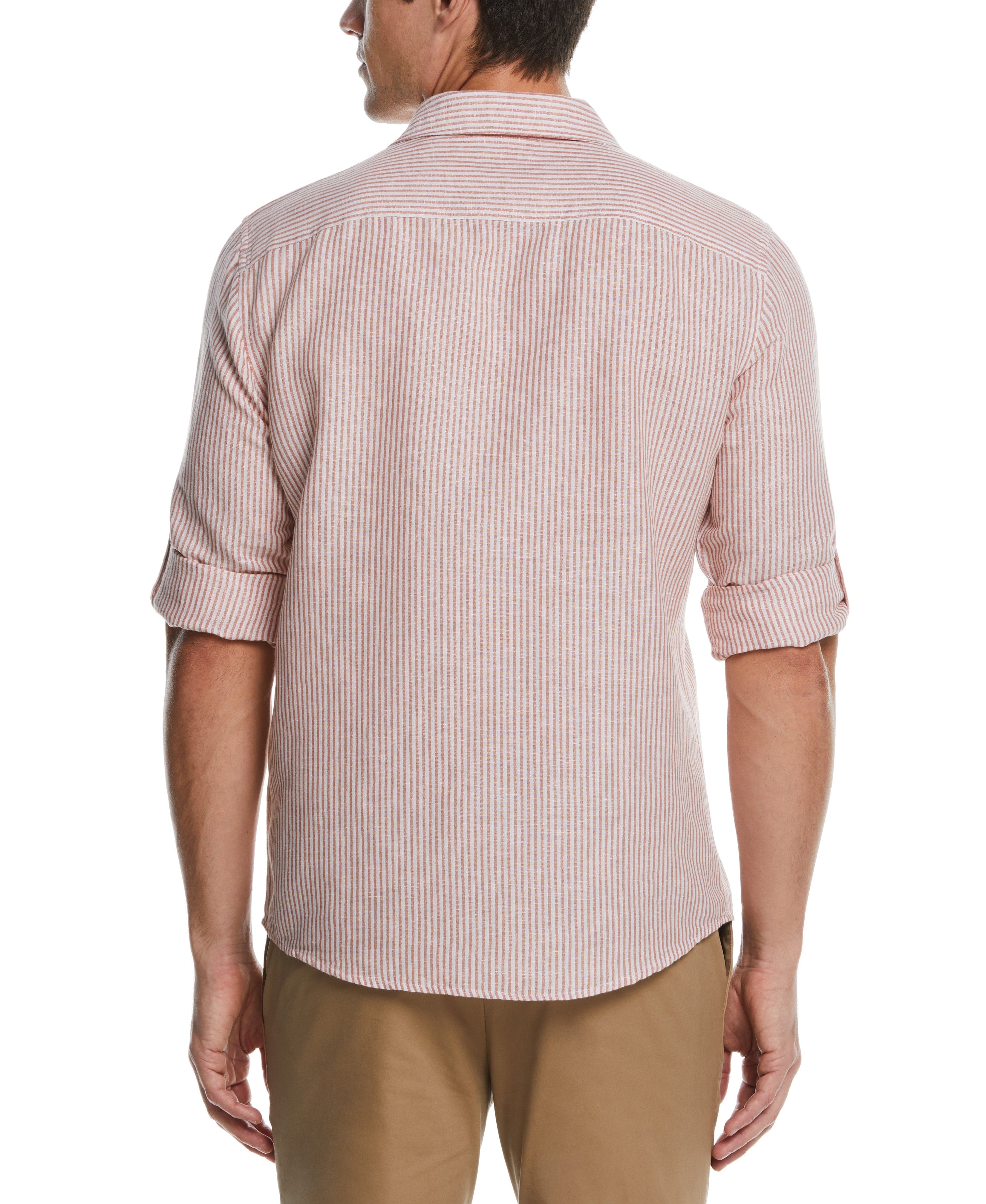 Untucked Roll Sleeve Linen Blend Stripe Shirt