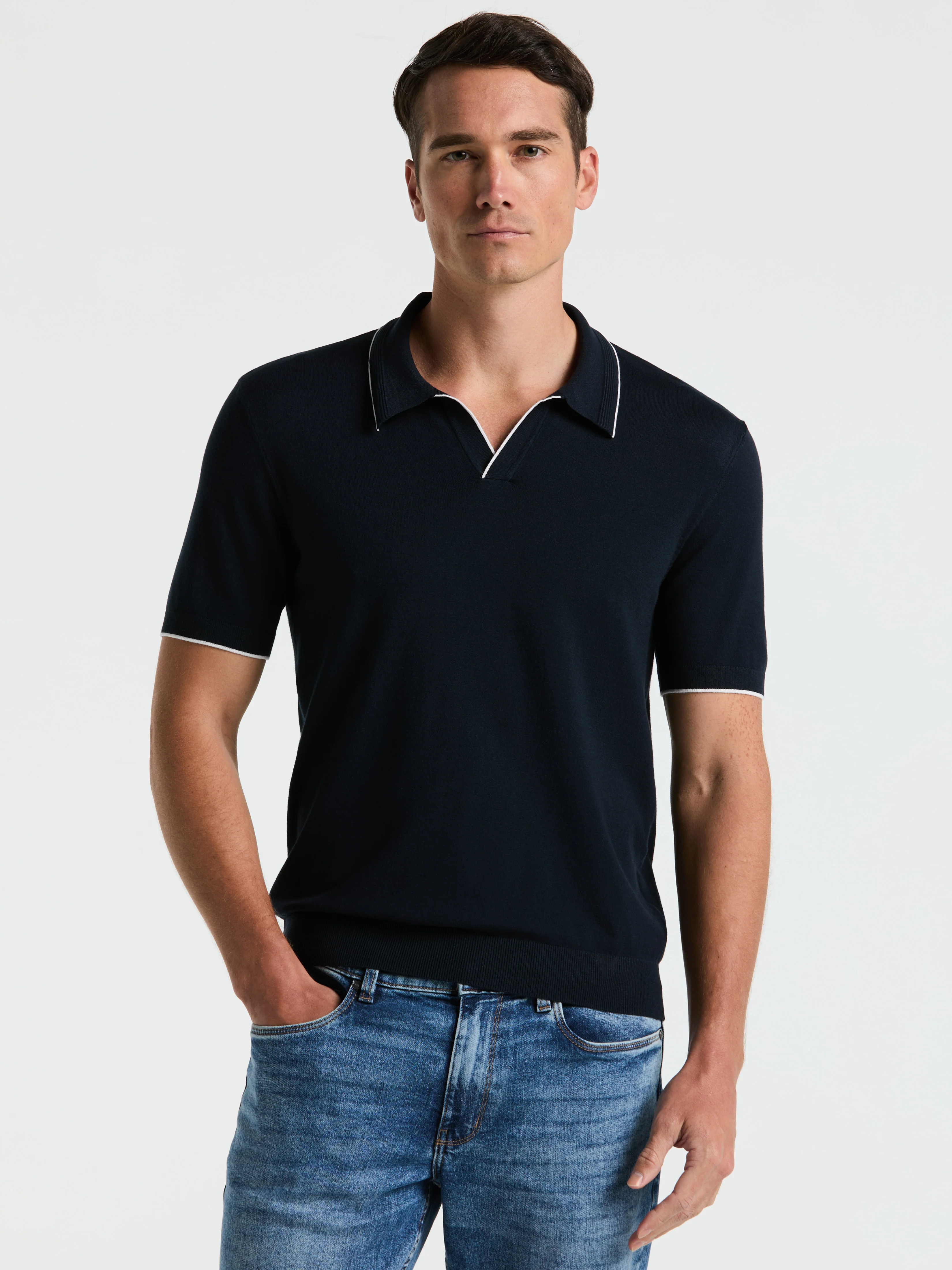 Tech Knit Open Polo Sweater with Tipping Detail