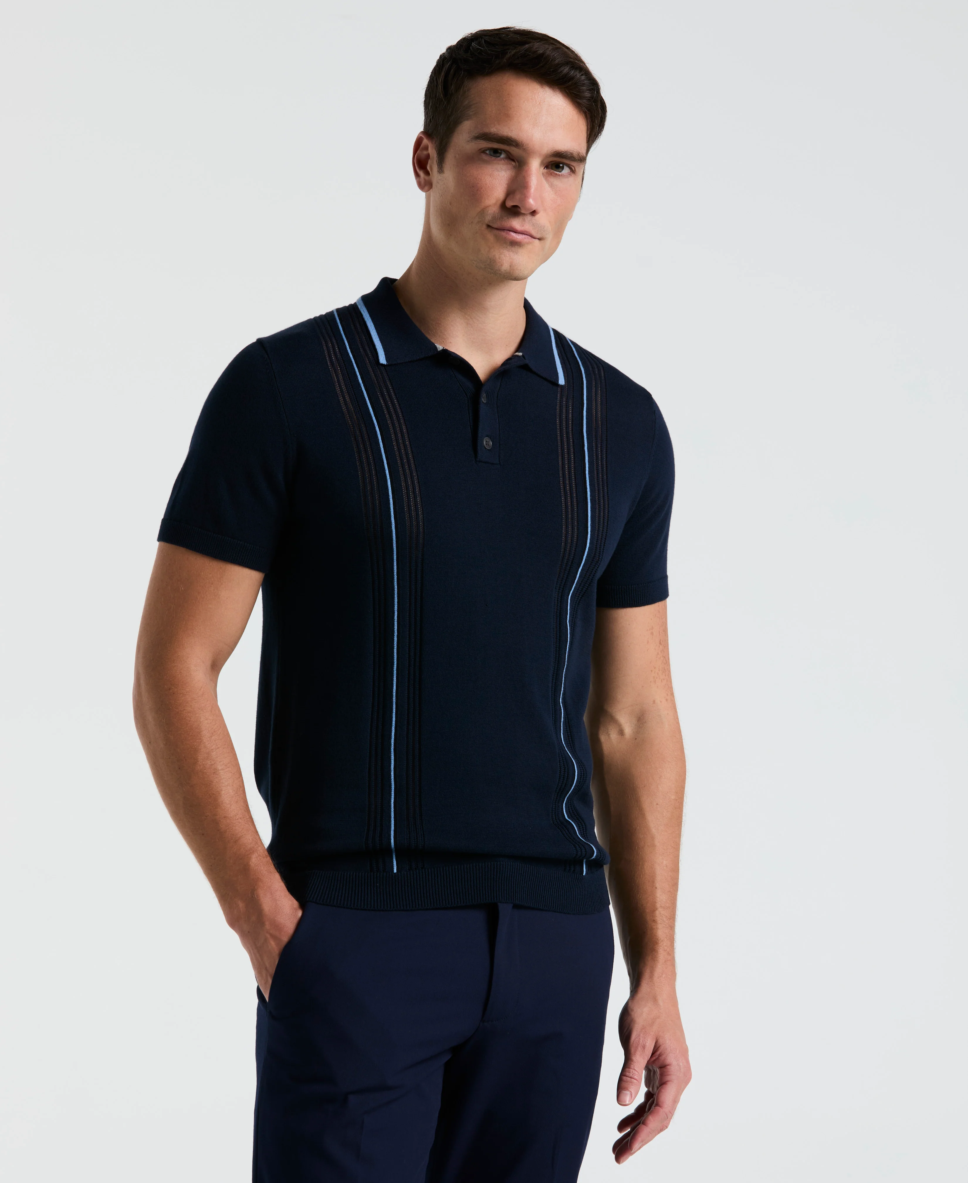 Cotton Mesh Vertical Stripe Print Button Polo