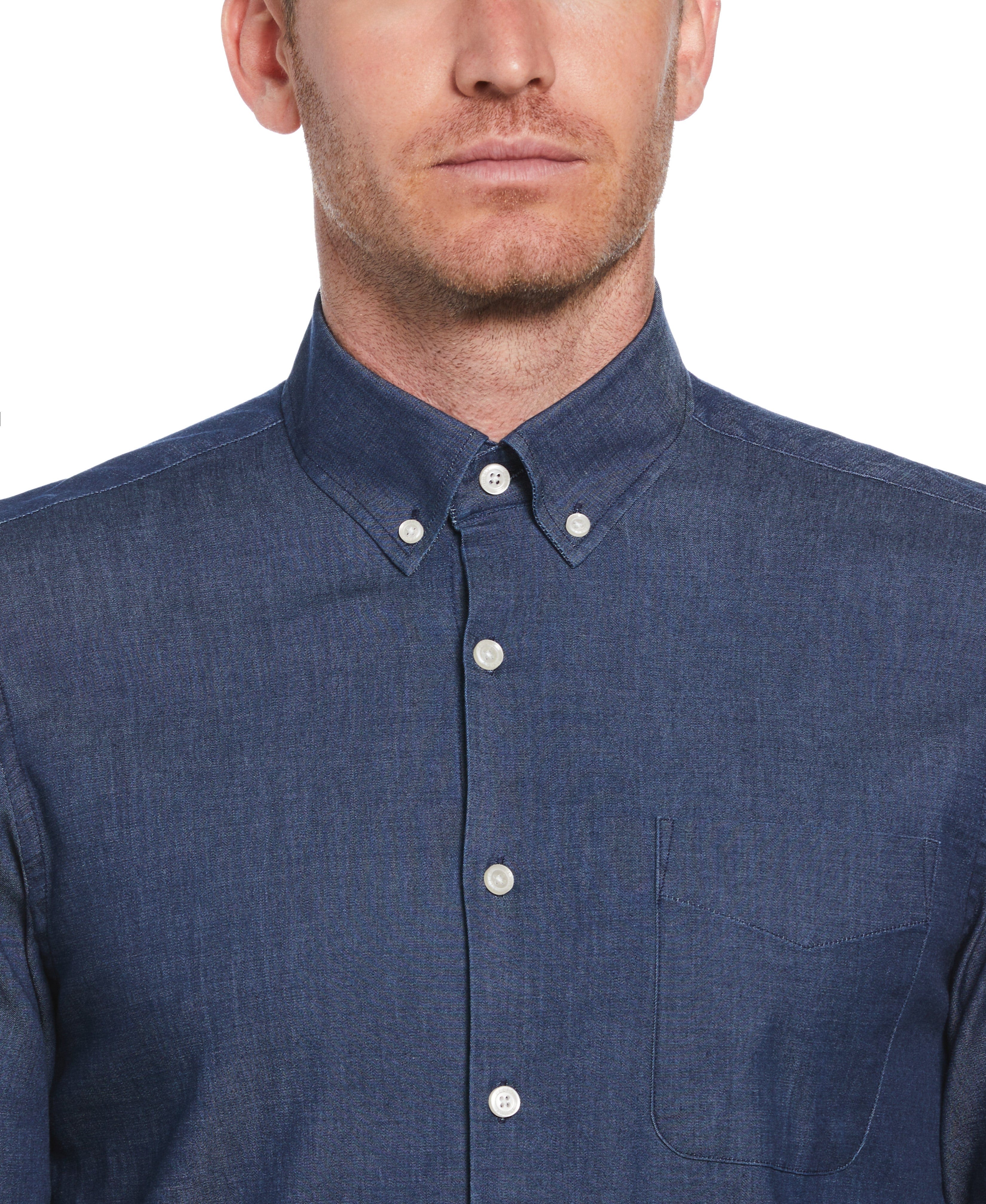 Slim Fit Denim-Like Button Down Woven Shirt