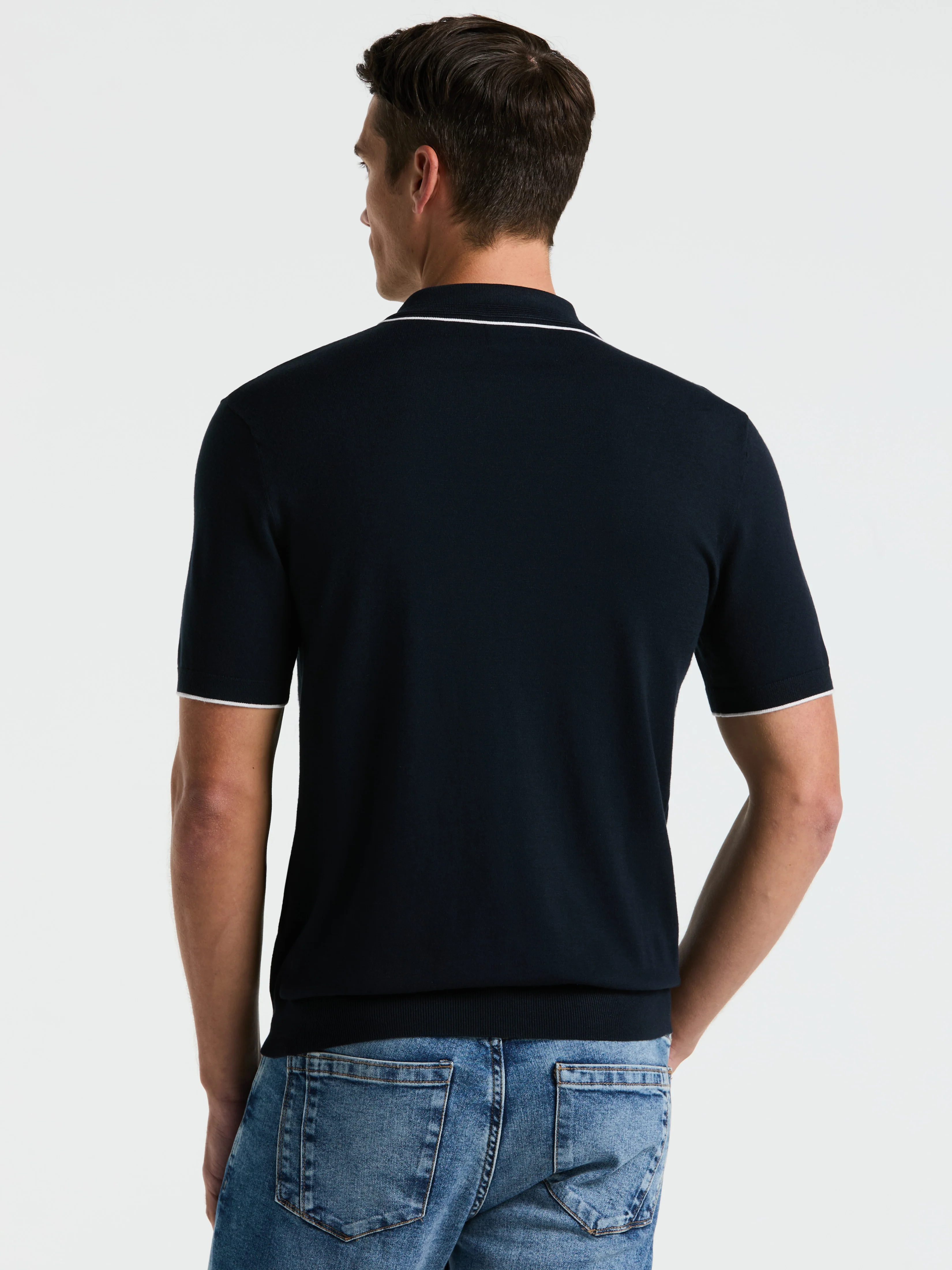 Tech Knit Open Polo Sweater with Tipping Detail