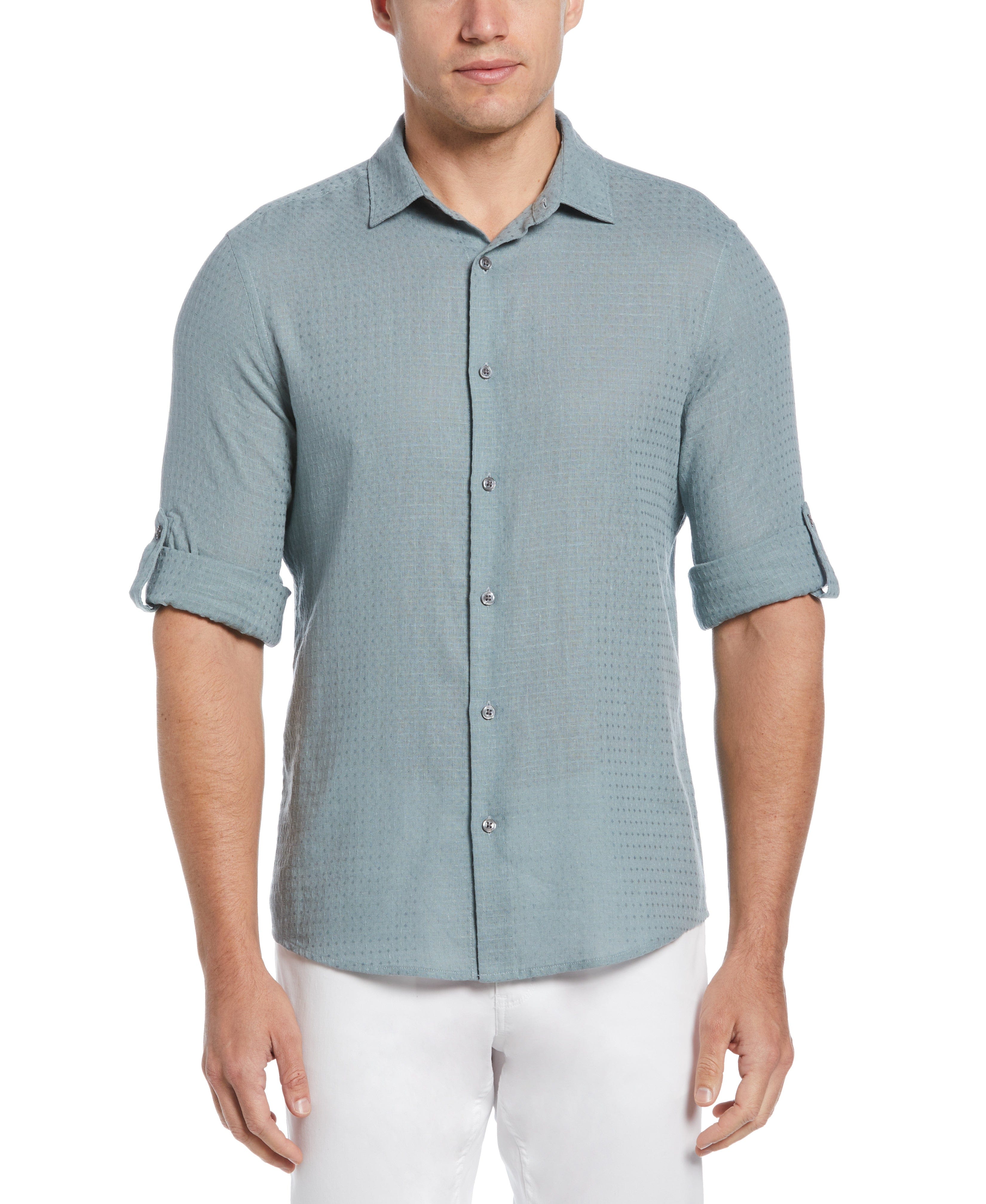 Linen Blend Dobby Roll Sleeve Shirt