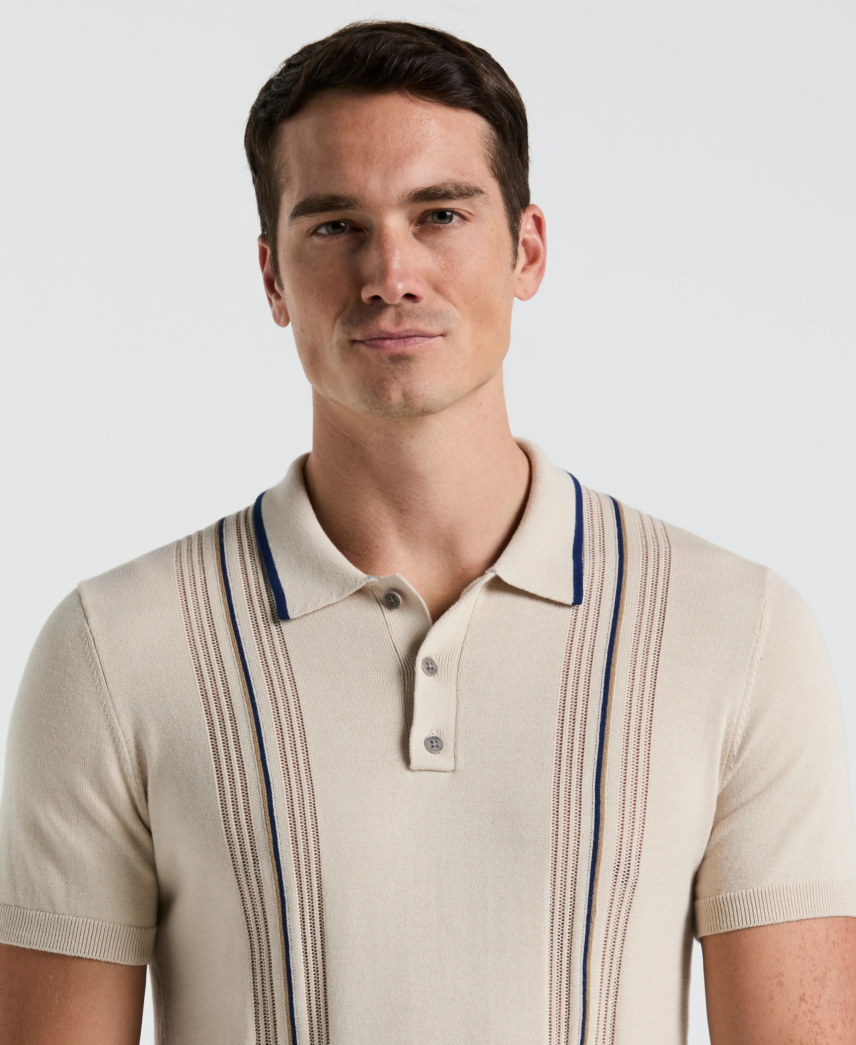 Cotton Mesh Vertical Stripe Print Button Polo
