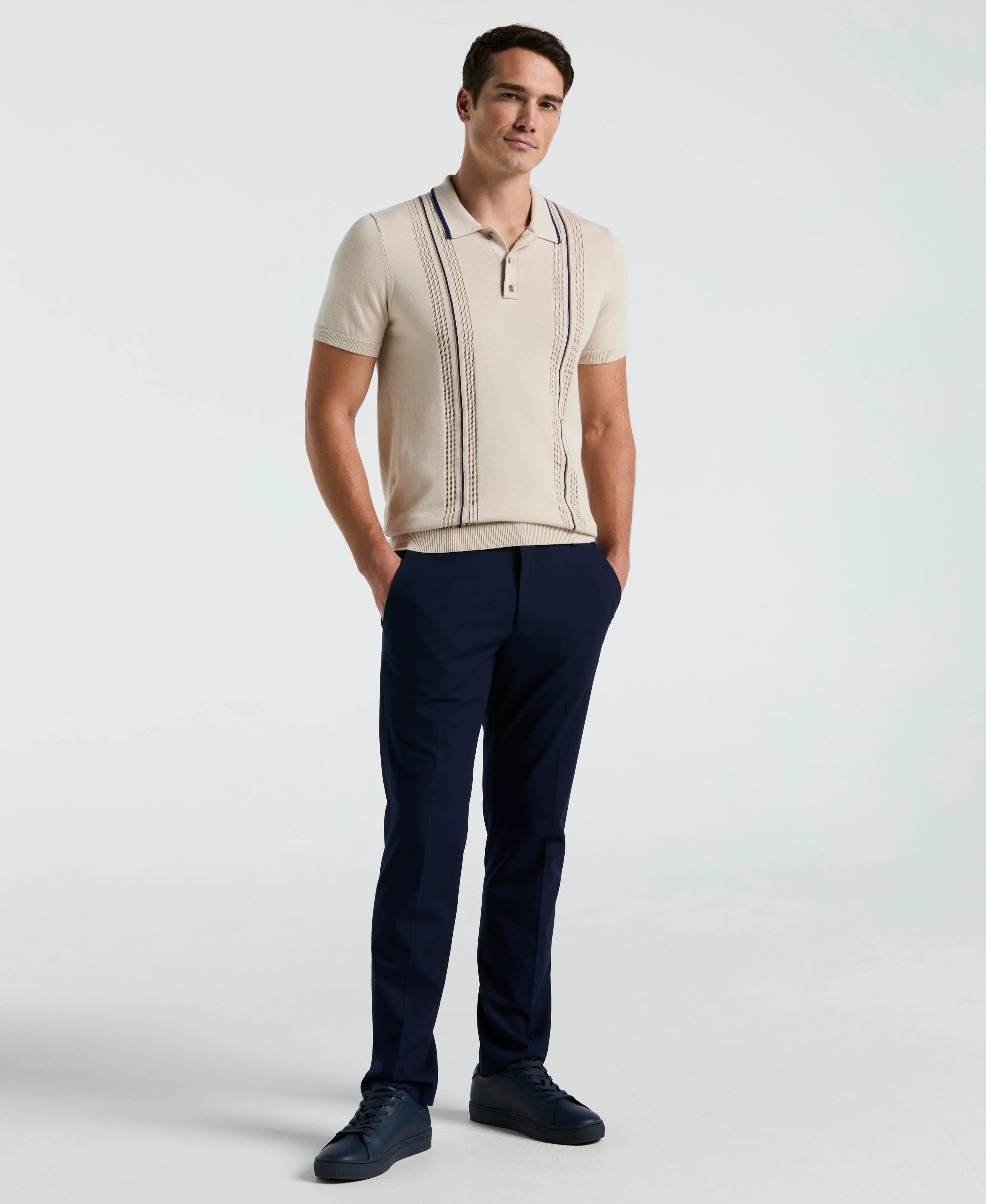 Cotton Mesh Vertical Stripe Print Button Polo