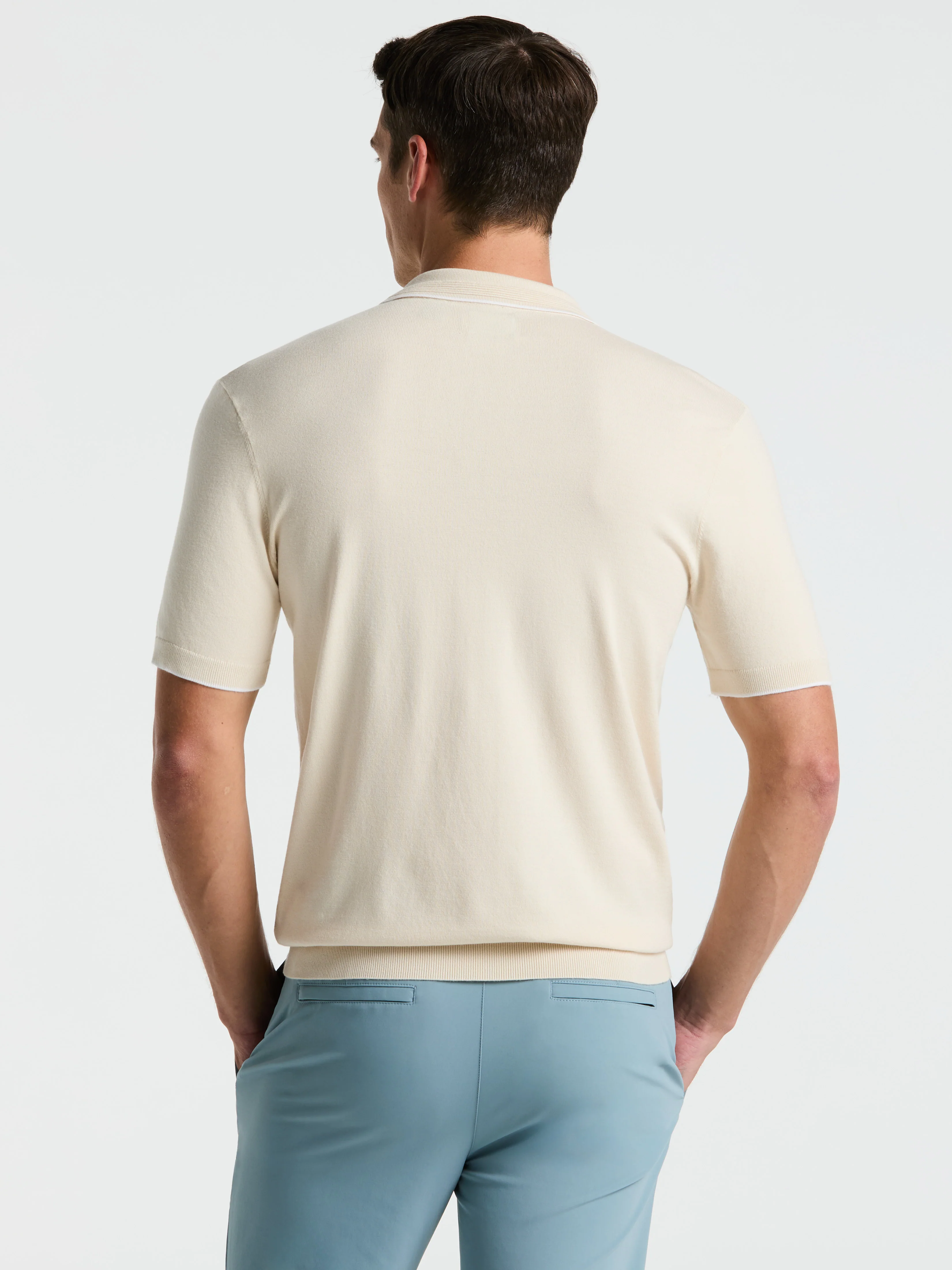 Tech Knit Open Polo Sweater with Tipping Detail