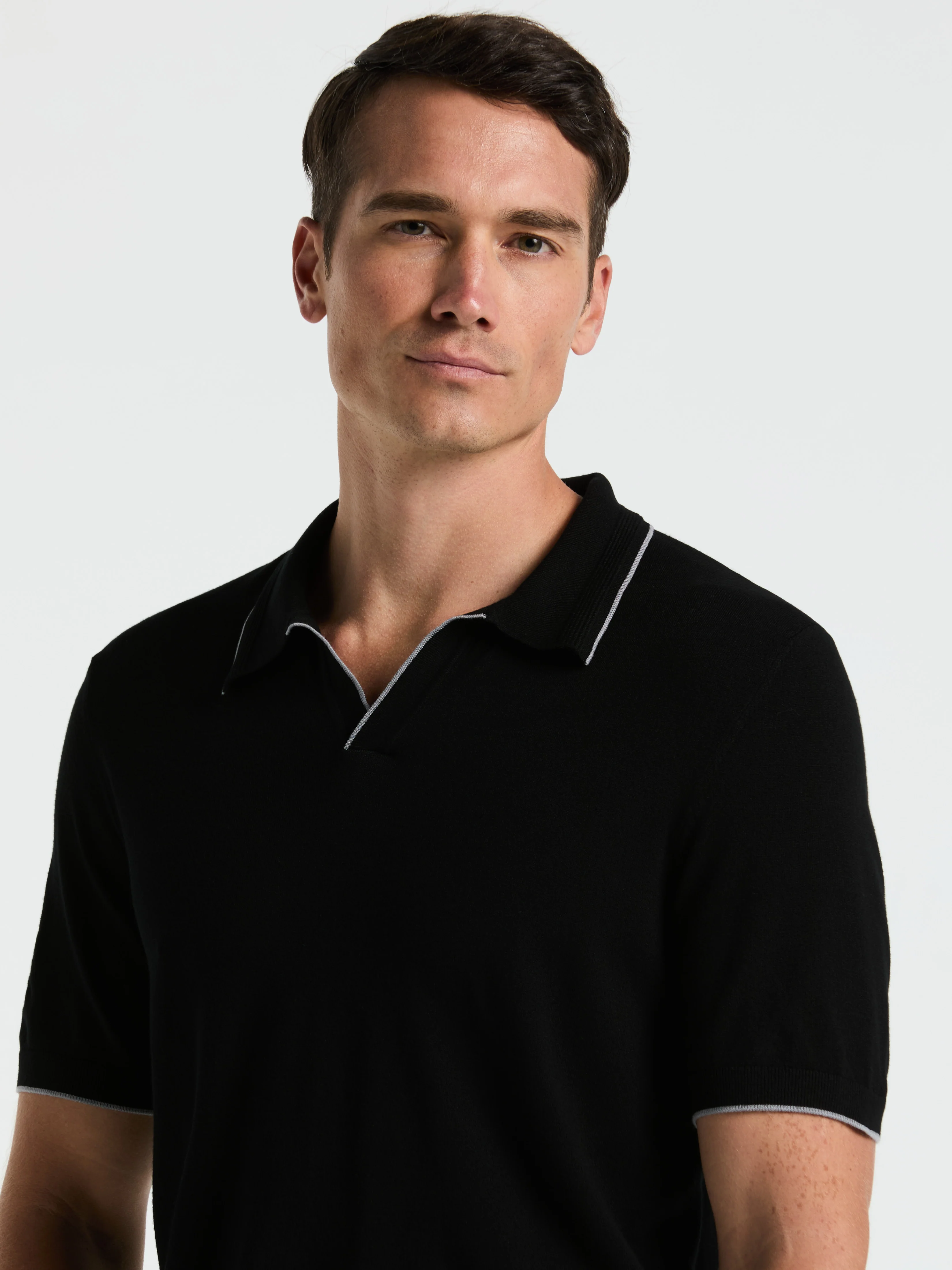 Tech Knit Open Polo Sweater with Tipping Detail
