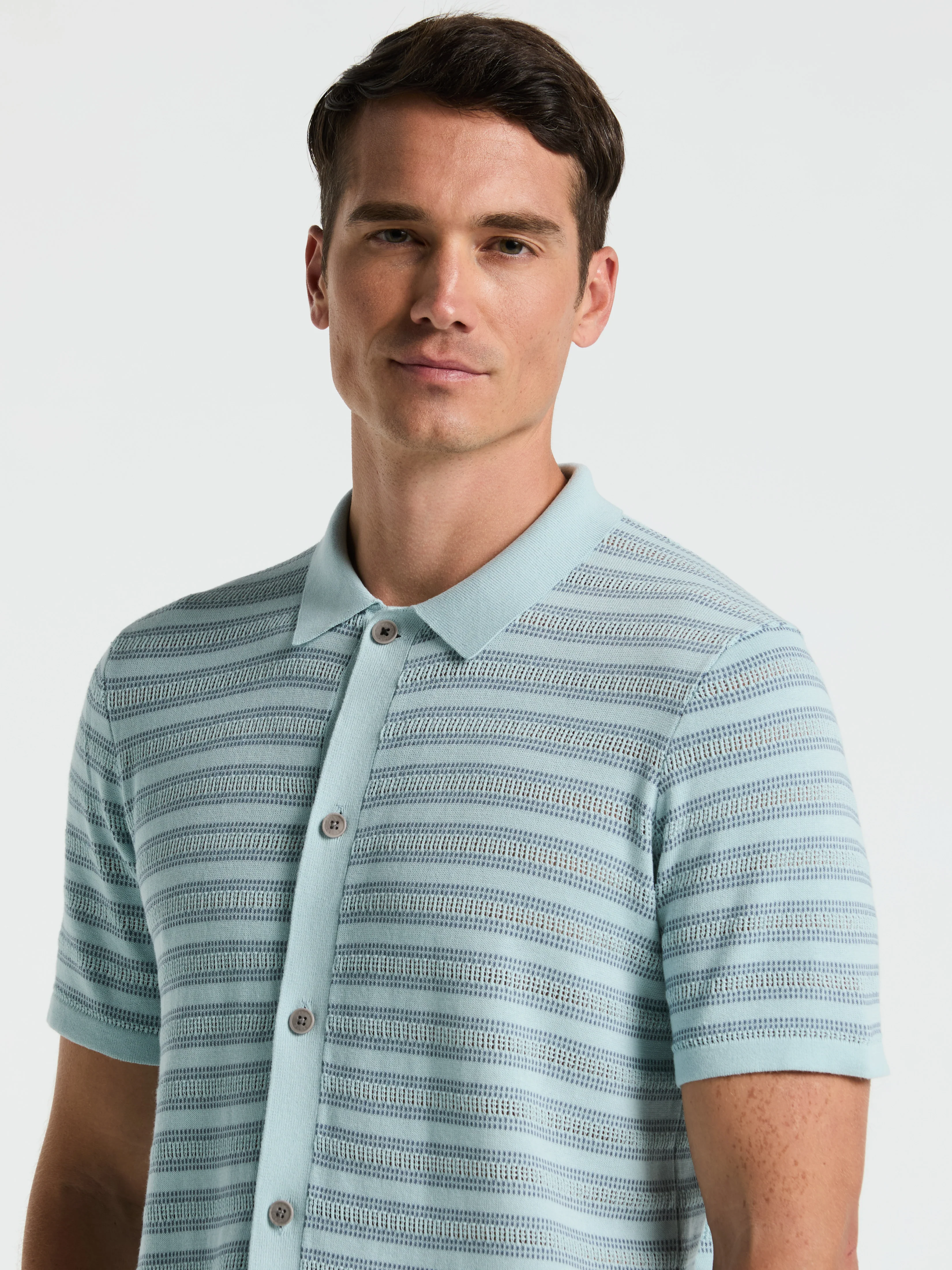 Button-Front Striped Polo Sweater