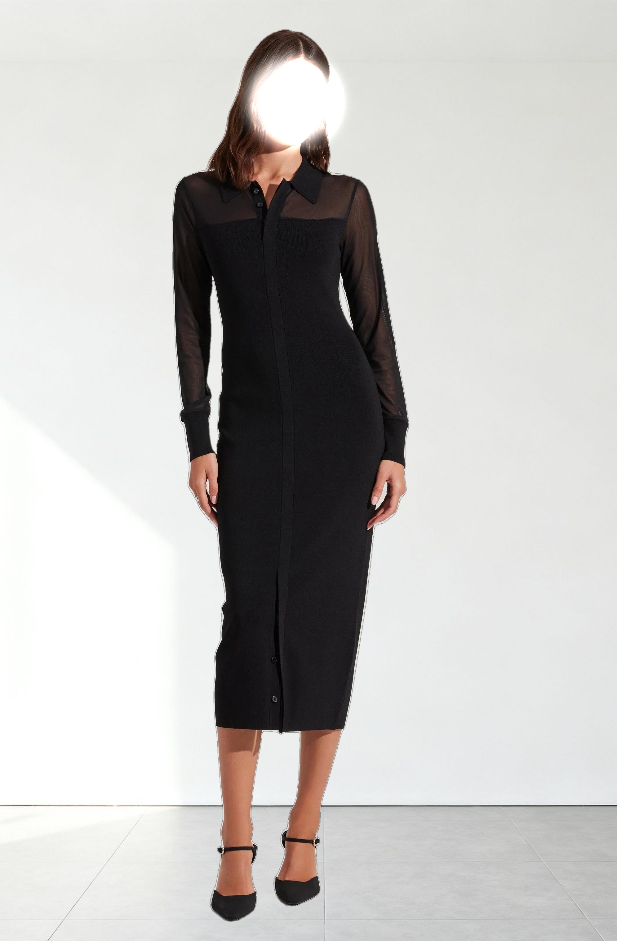 Contrast Mesh Collared Midi Dress