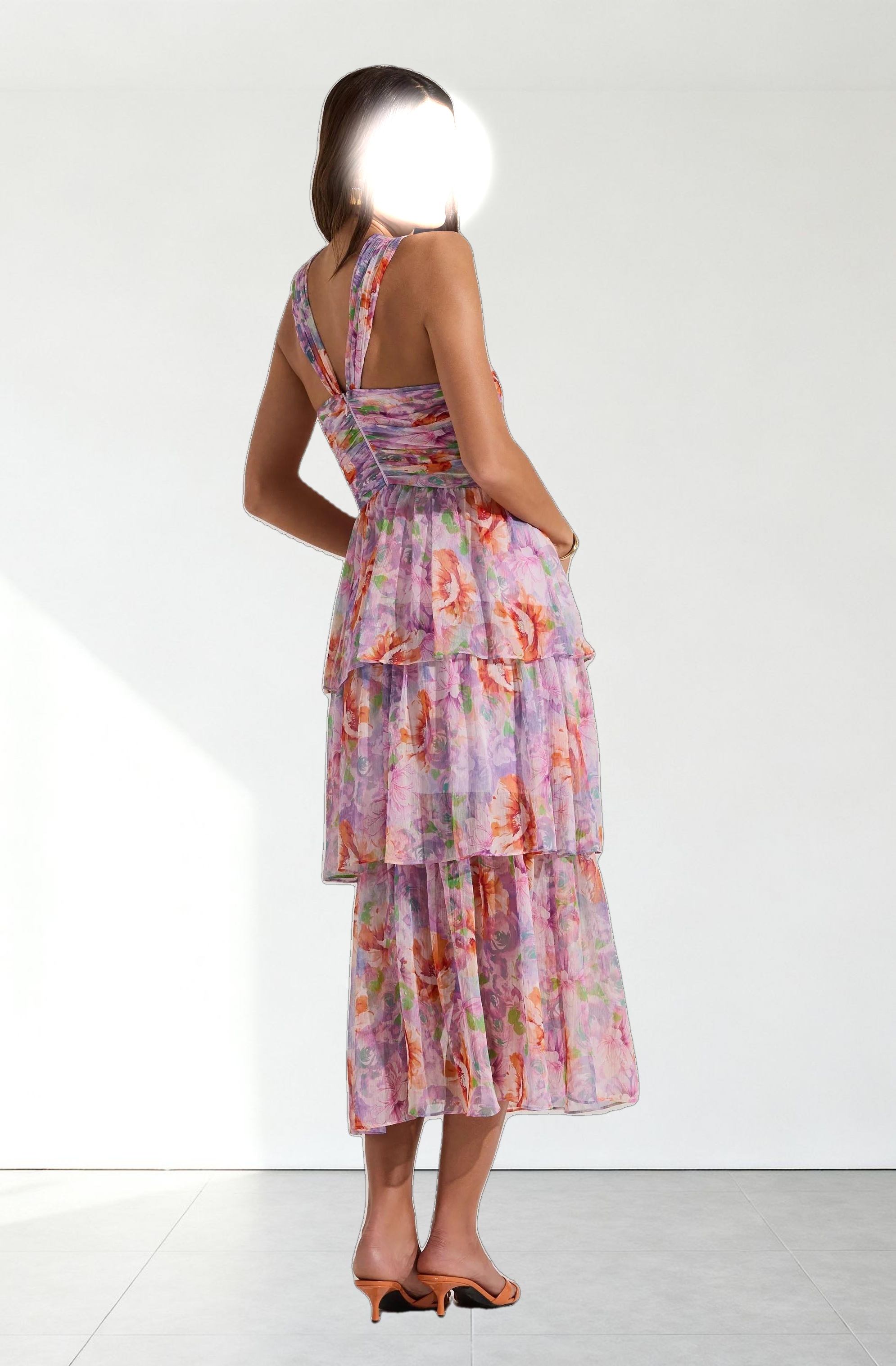 Tiered Floral Cutout Midi Dress