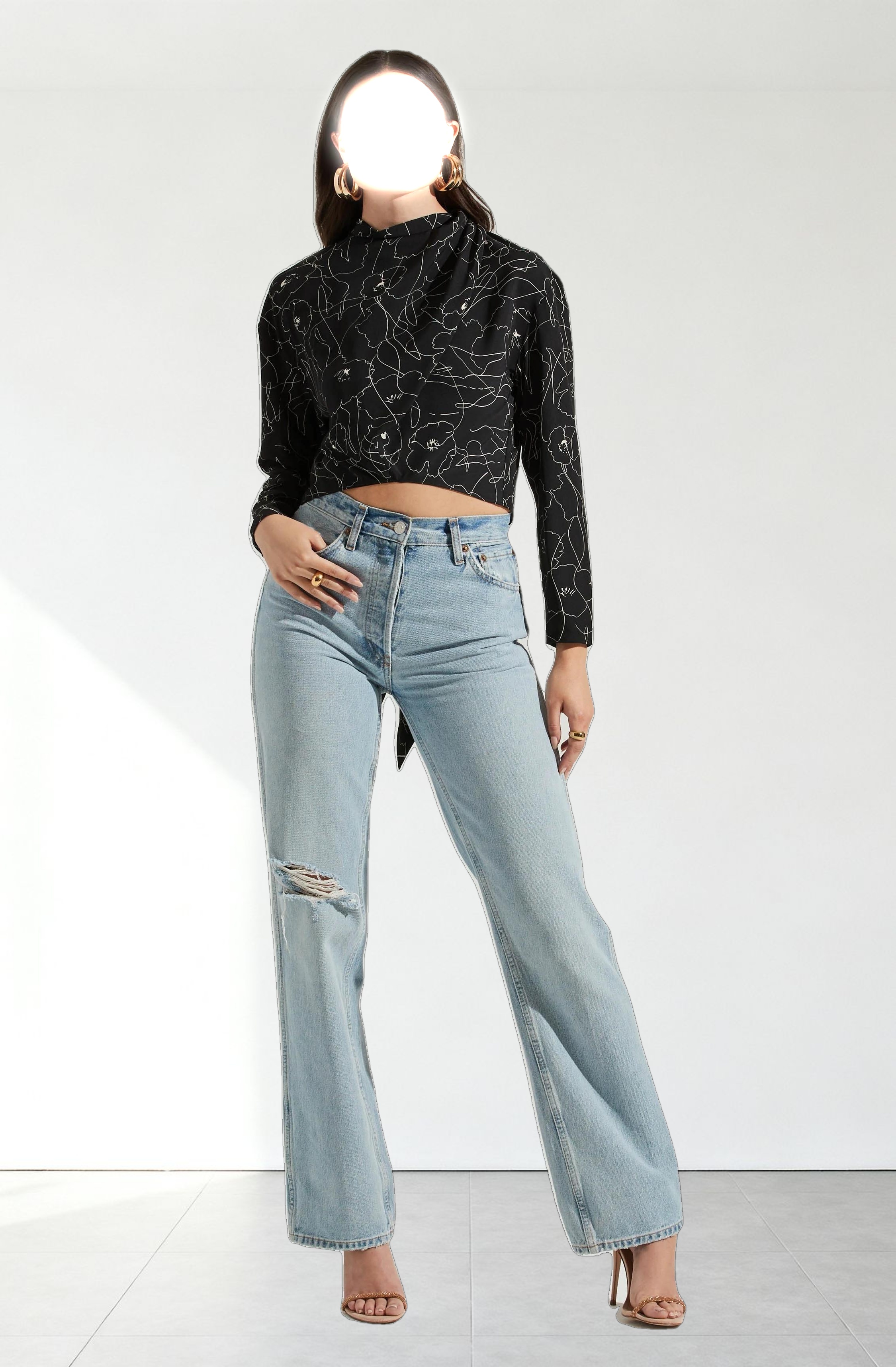 Long Sleeve Drape Tie Back Neck Back Top