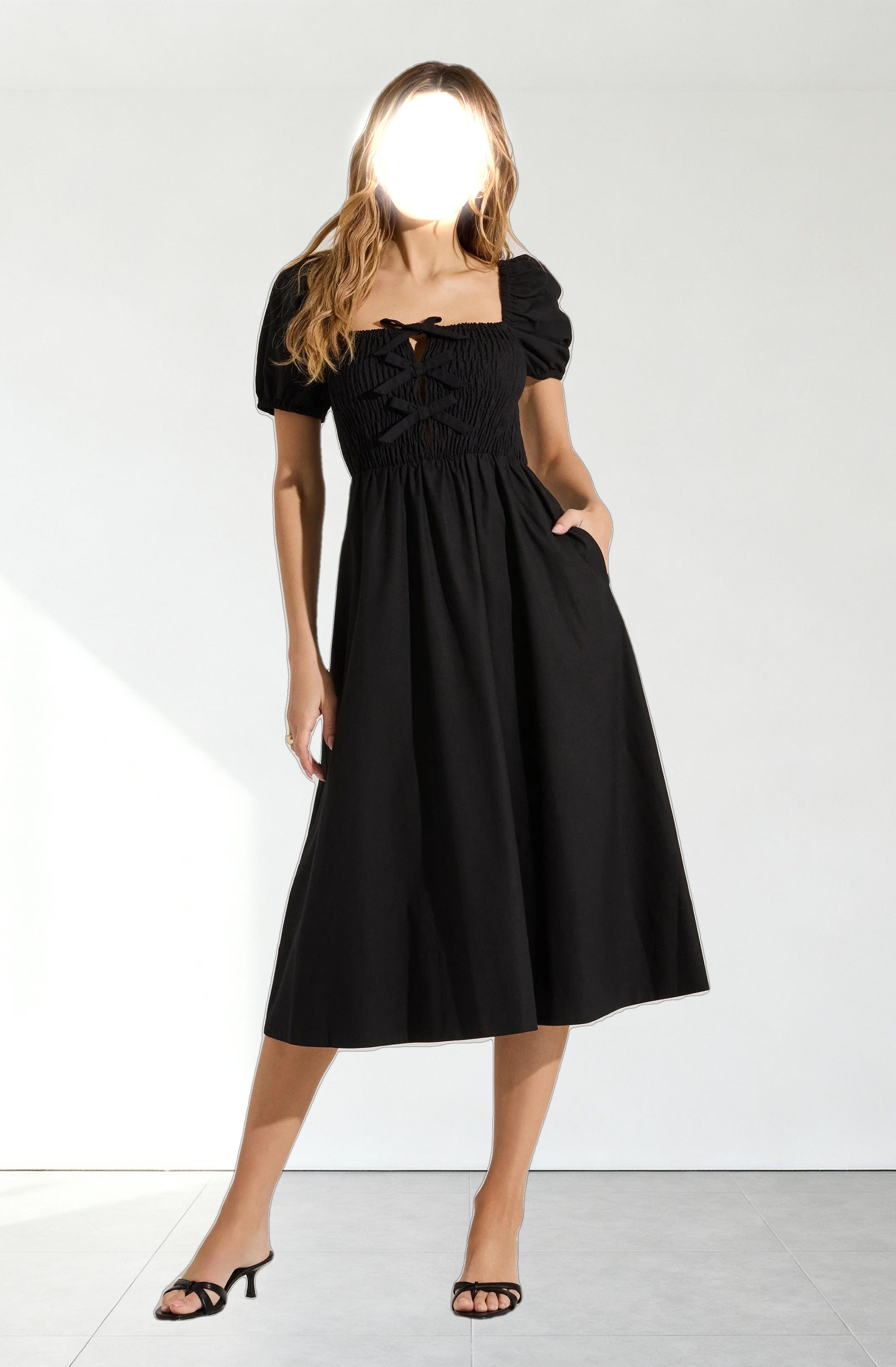 Smocked Bow Midi Dress