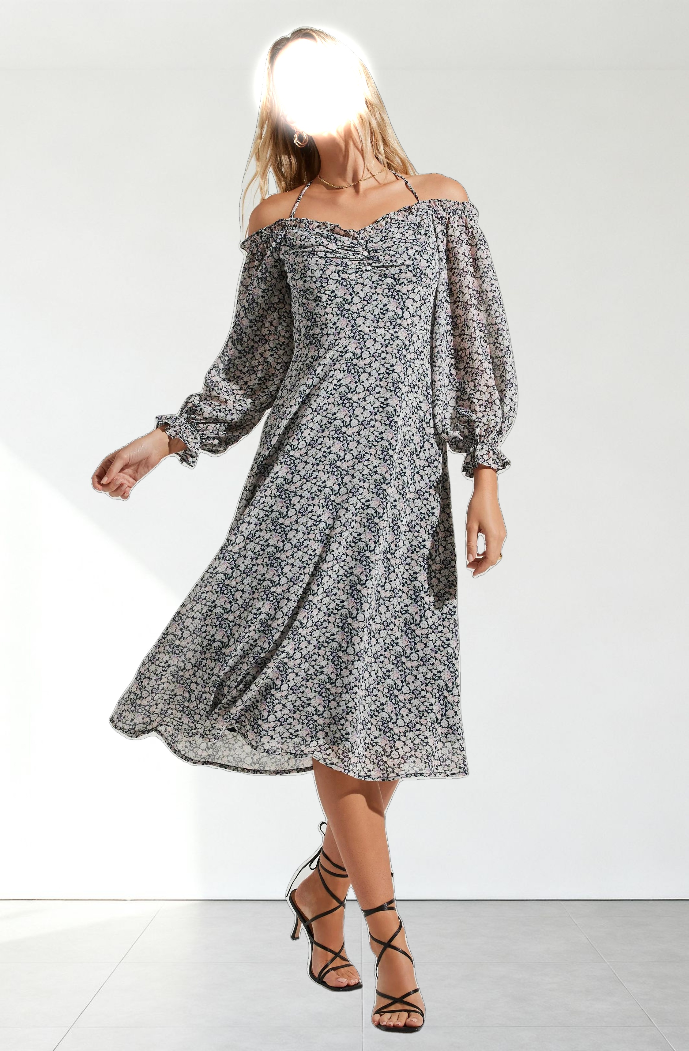 Off Shoulder Long Sleeve Cinched Bust Midi Dress