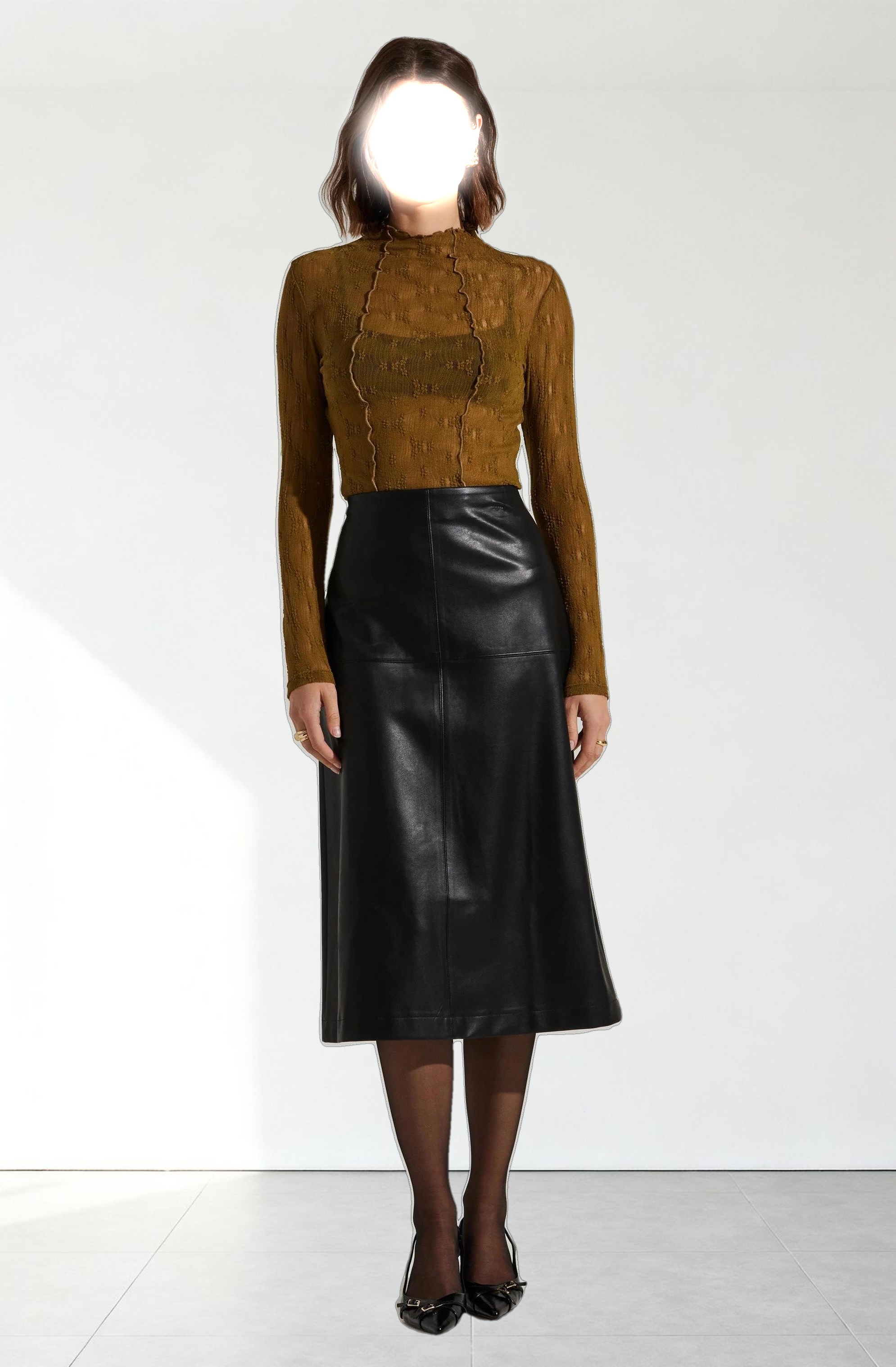 Yuria Faux Leather Midi Skirt