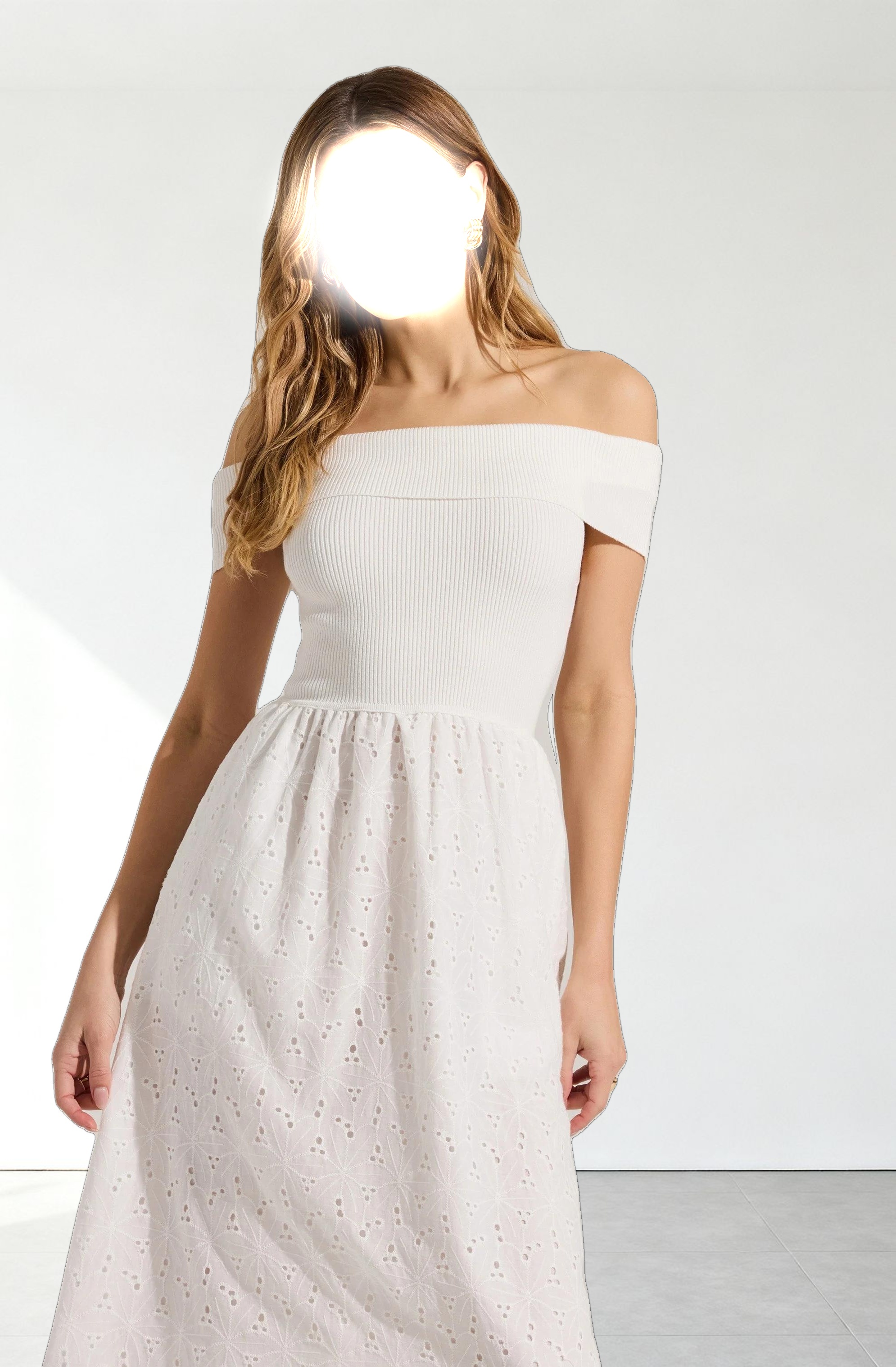 Off Shoulder Eyelet Midi Dress