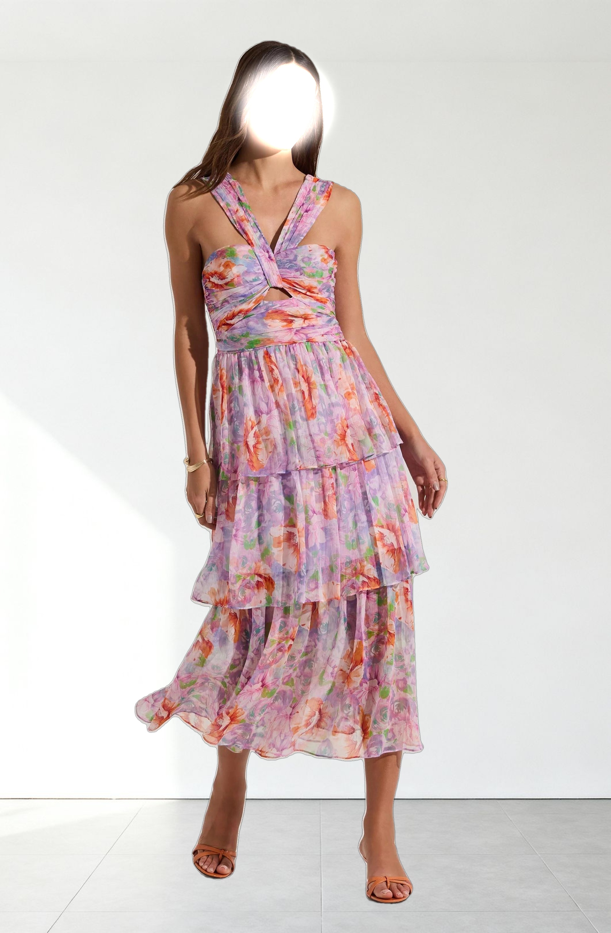 Tiered Floral Cutout Midi Dress