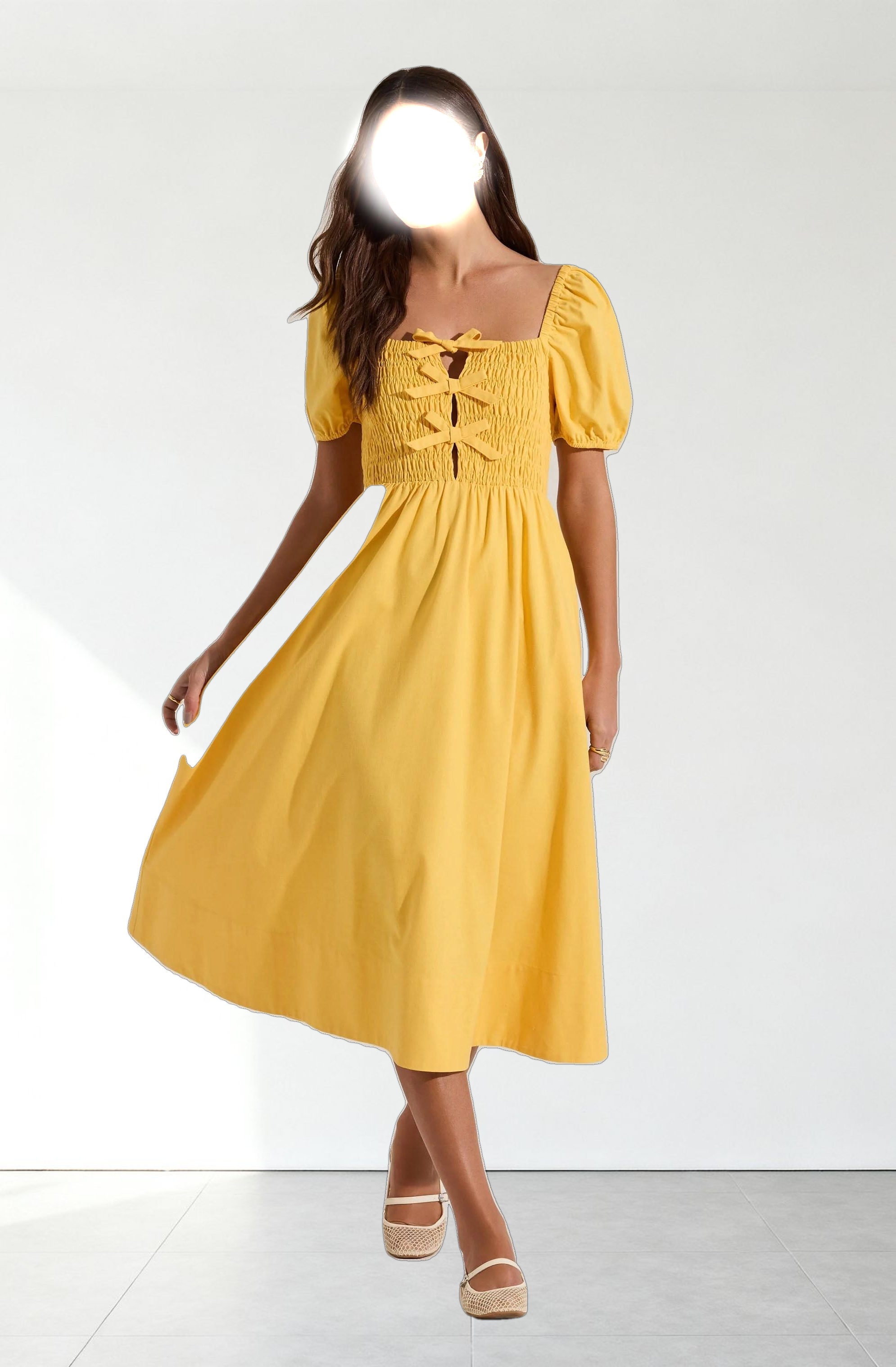 Smocked Bow Midi Dress