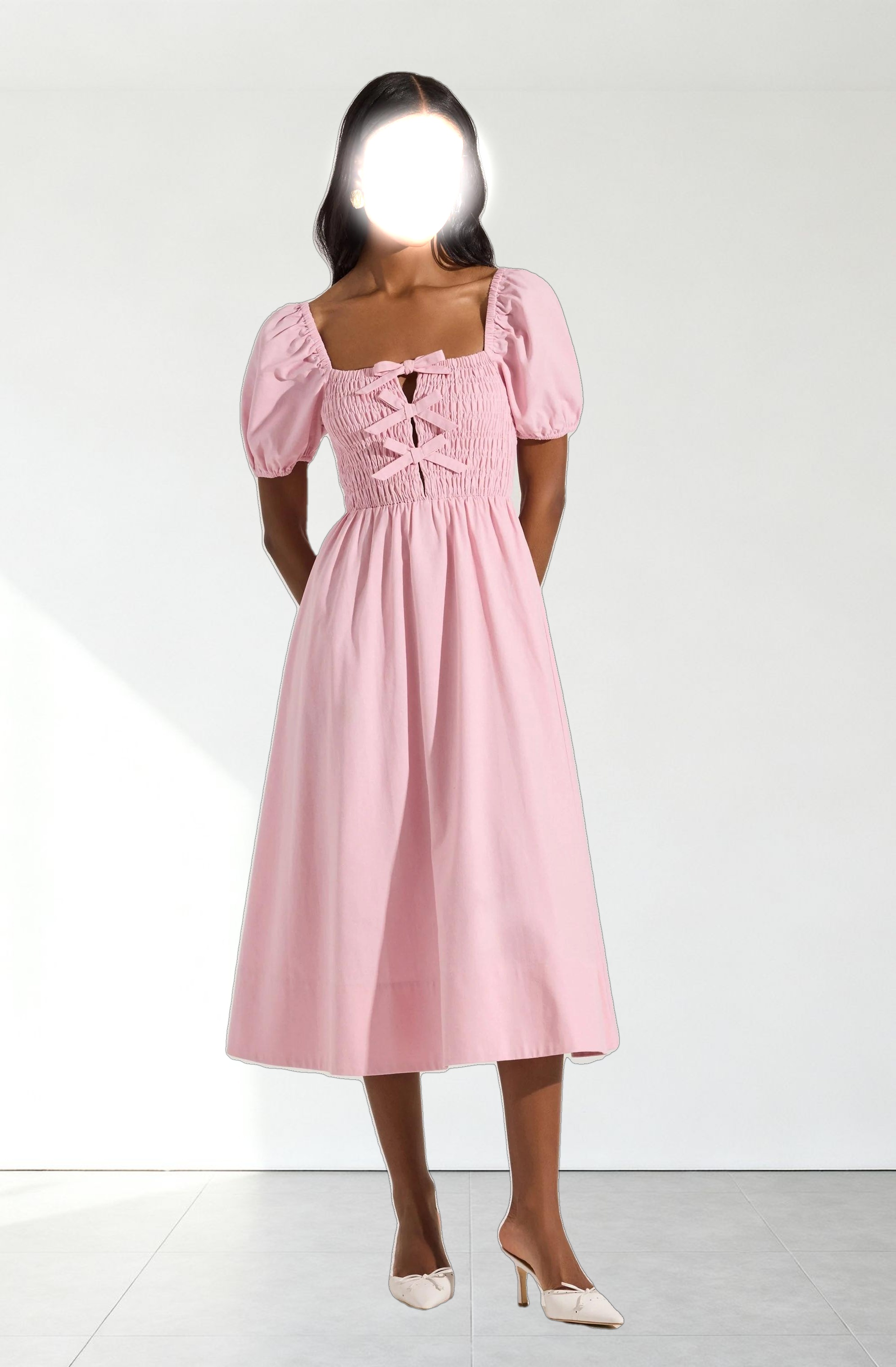 Smocked Bow Midi Dress