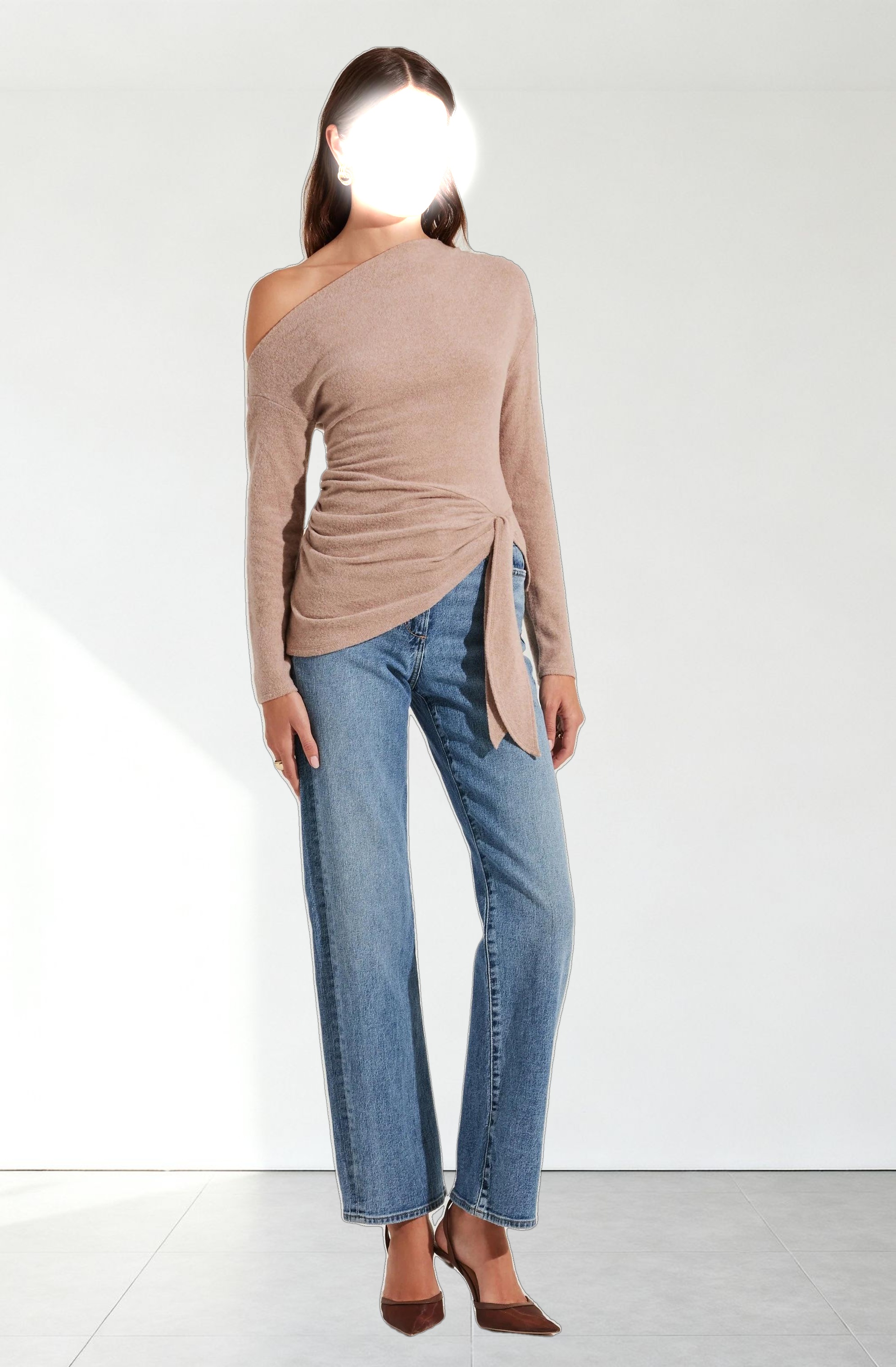 Asymmetrical Off Shoulder Tie Knit Top