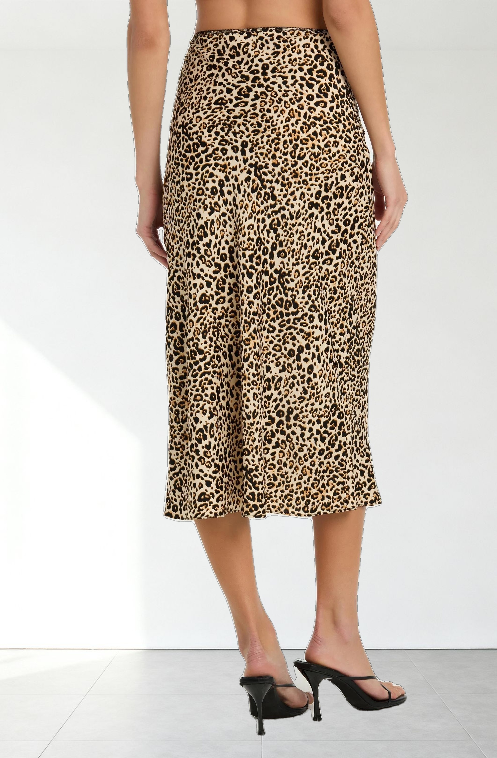 Satin Leopard Print Midi Skirt