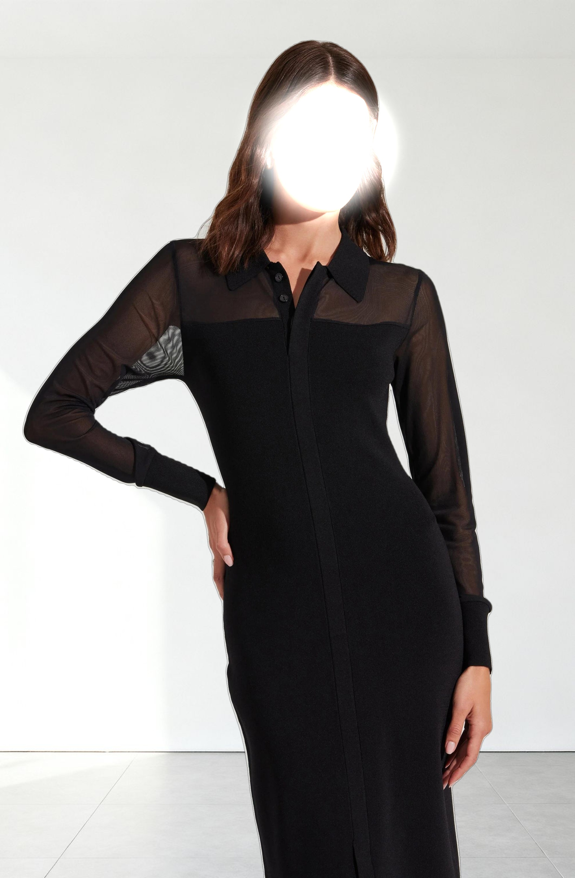 Contrast Mesh Collared Midi Dress