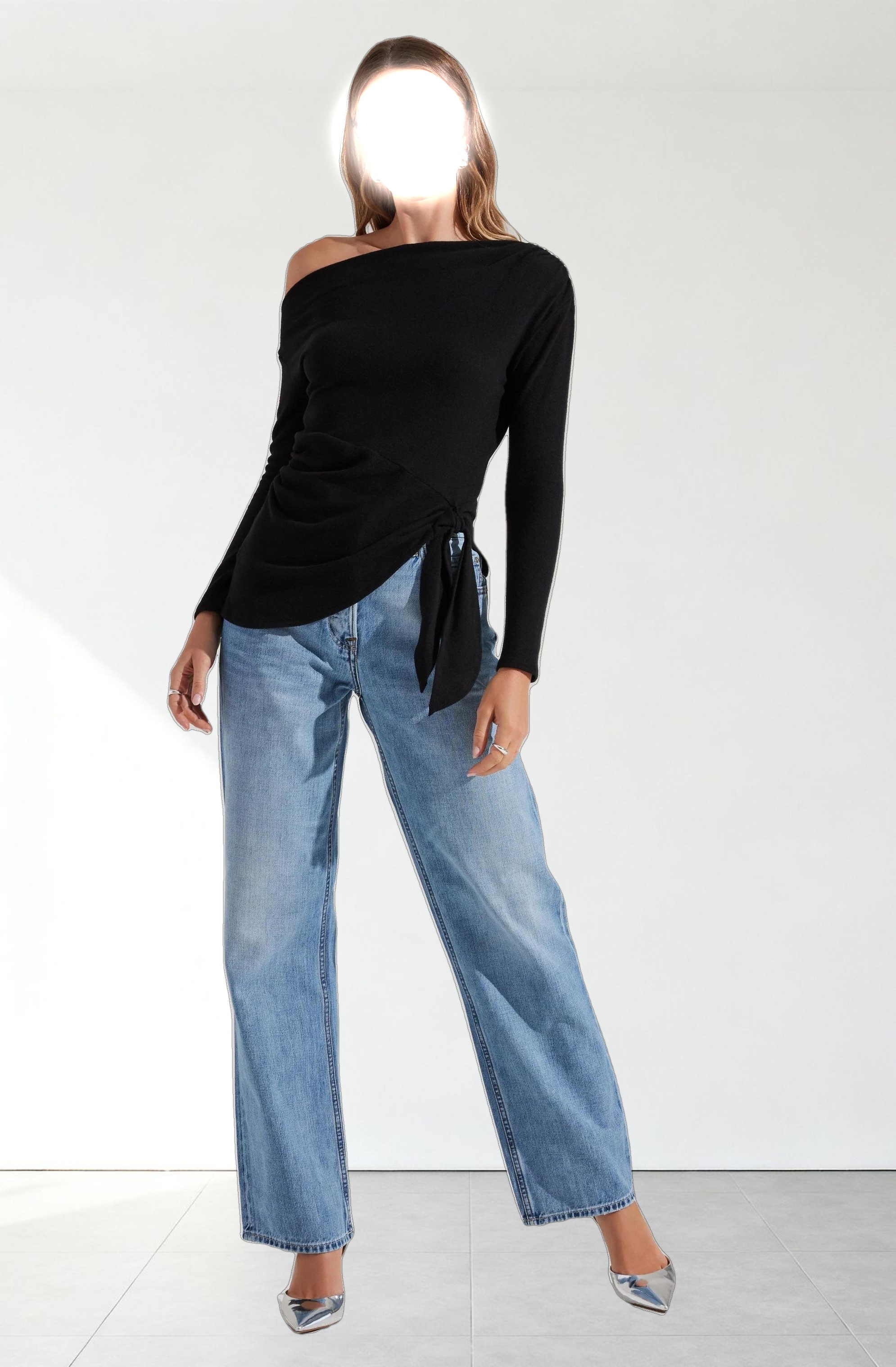 Asymmetrical Off Shoulder Tie Knit Top