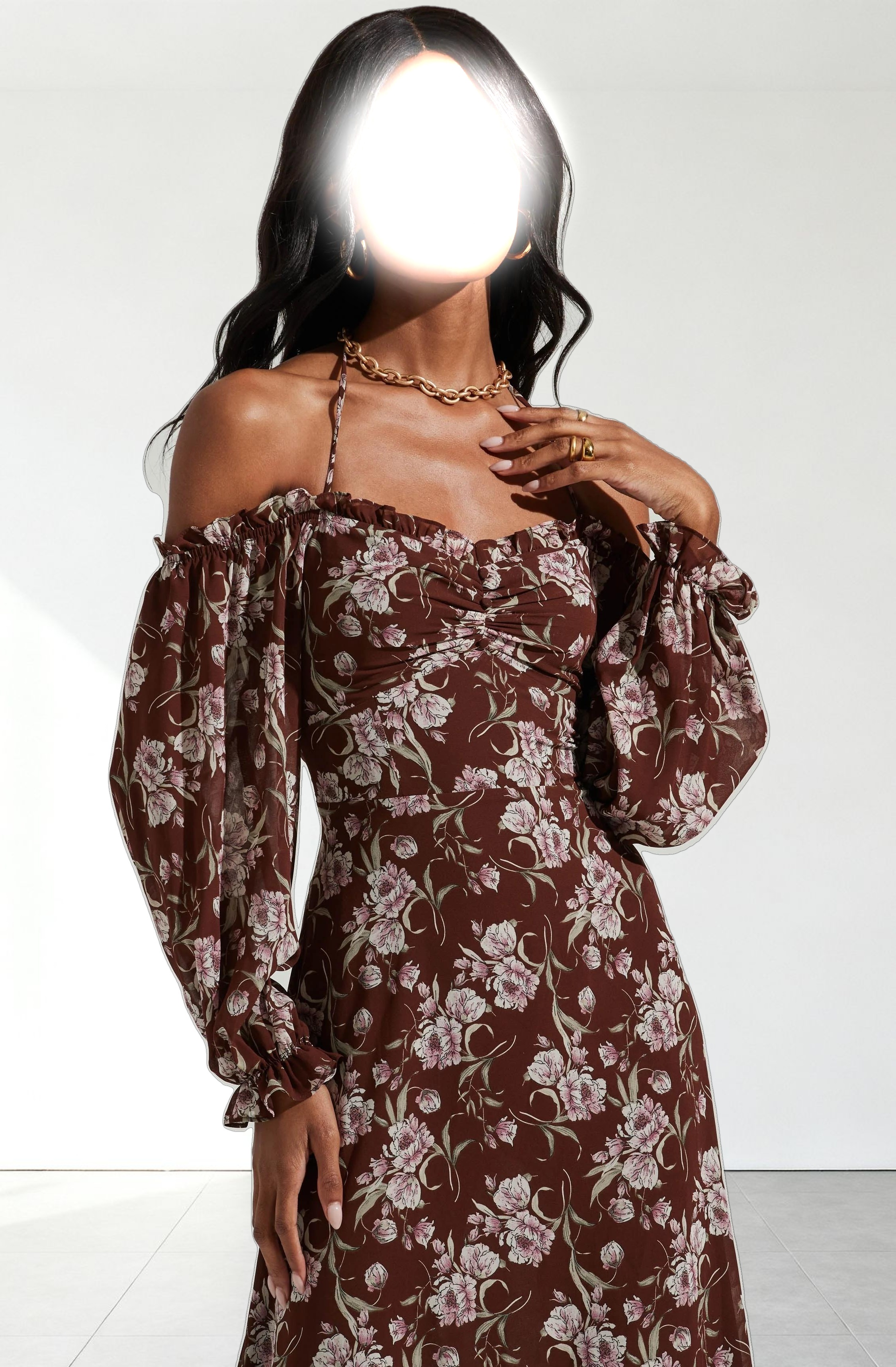 Off Shoulder Long Sleeve Cinched Bust Midi Dress