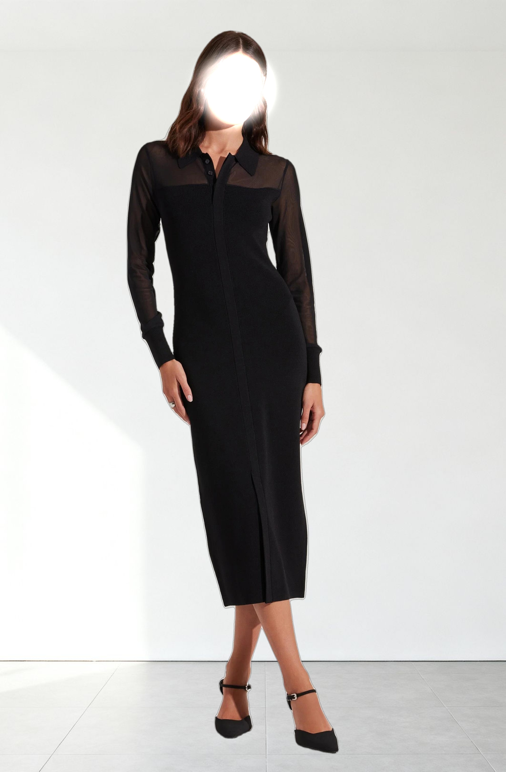 Contrast Mesh Collared Midi Dress