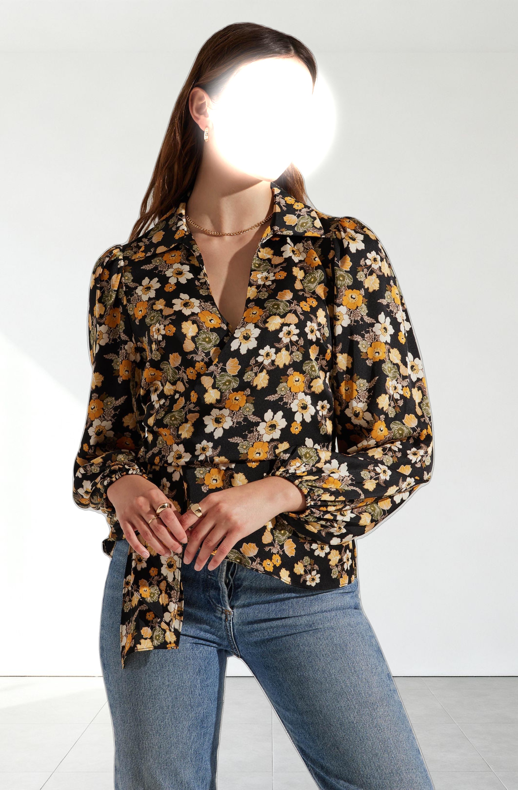 Asymmetrical Collared Floral Wrap Top