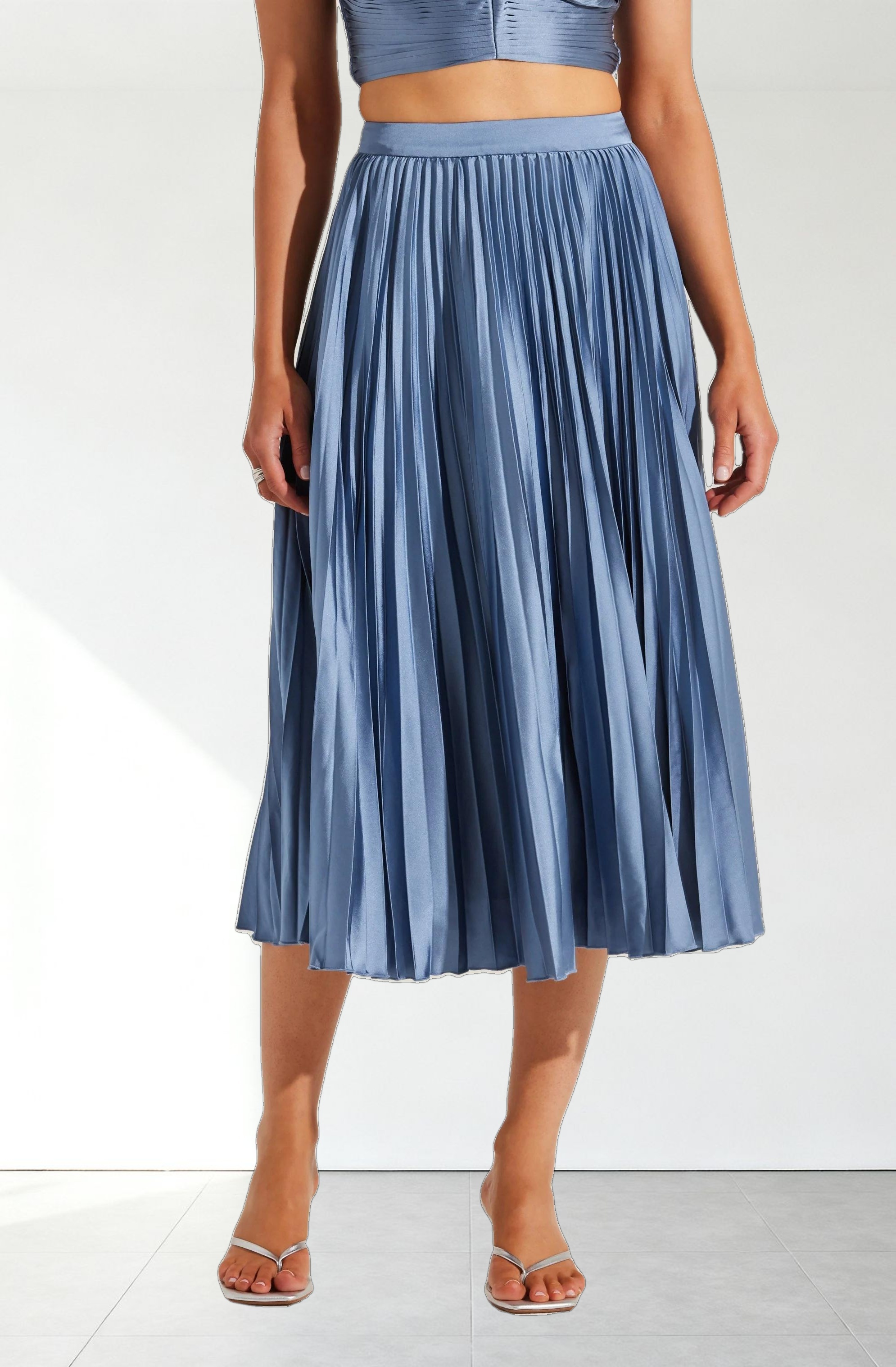 Pleated Satin Midi Skirt