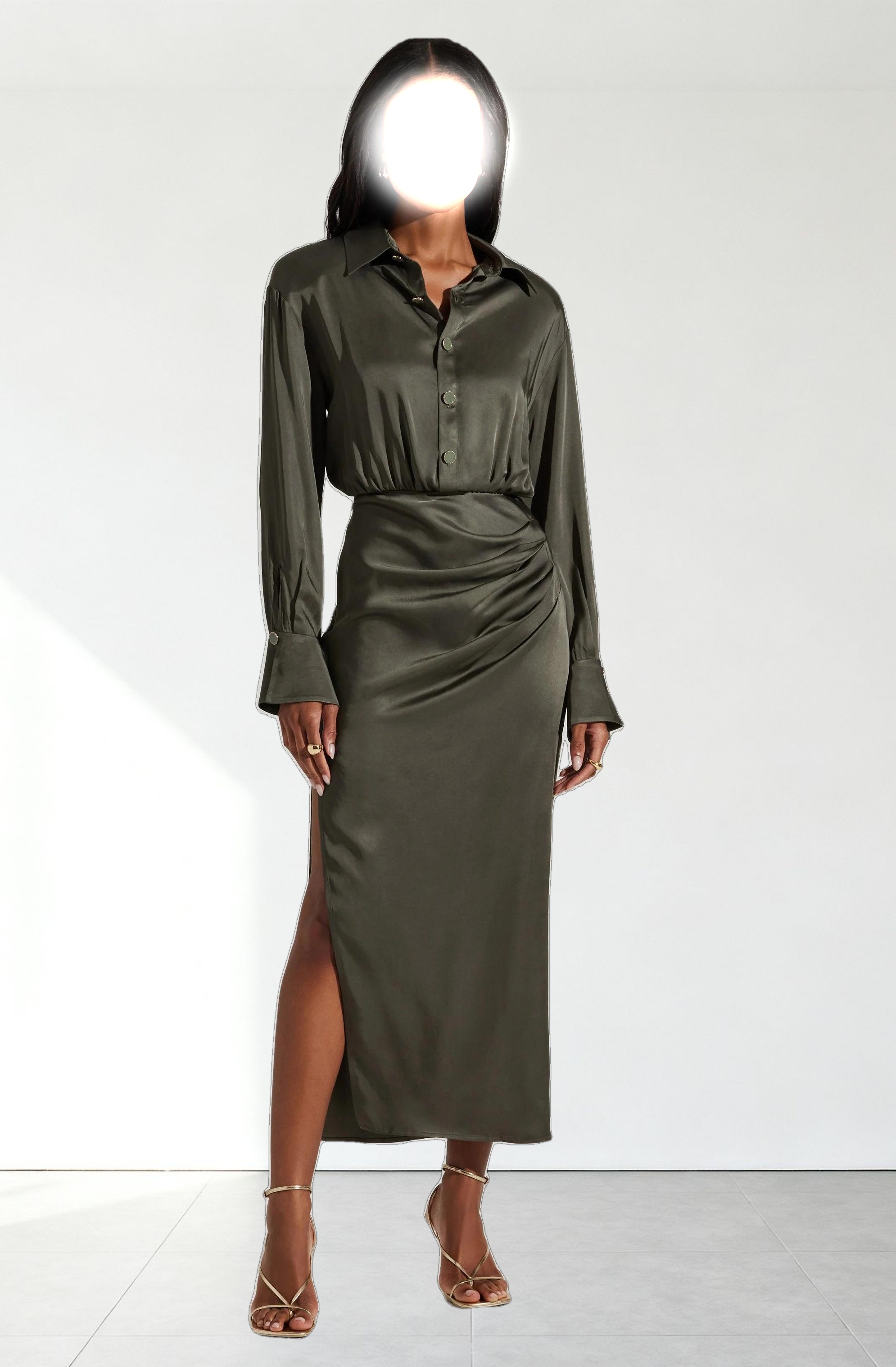 Elizabello Satin Midi Shirt Dress
