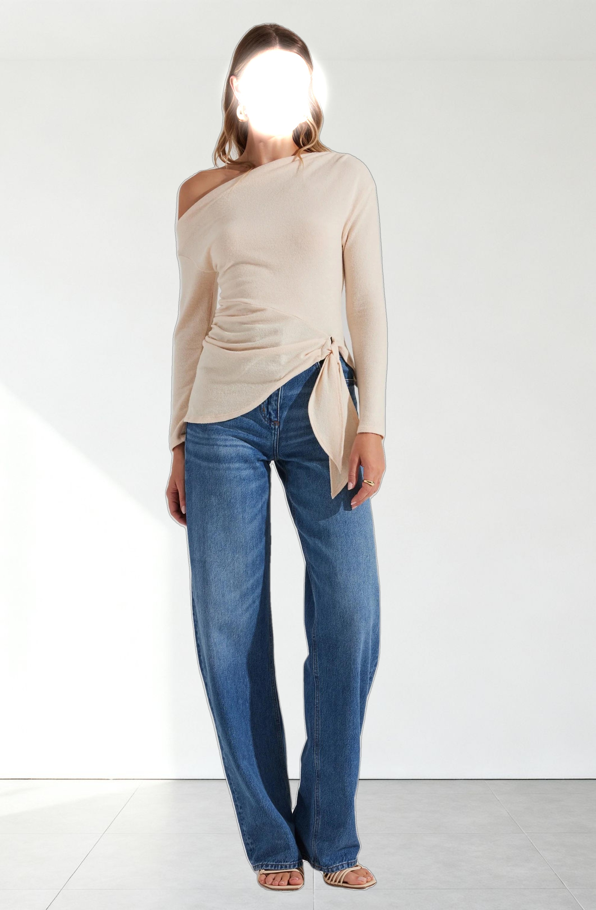 Asymmetrical Off Shoulder Tie Knit Top