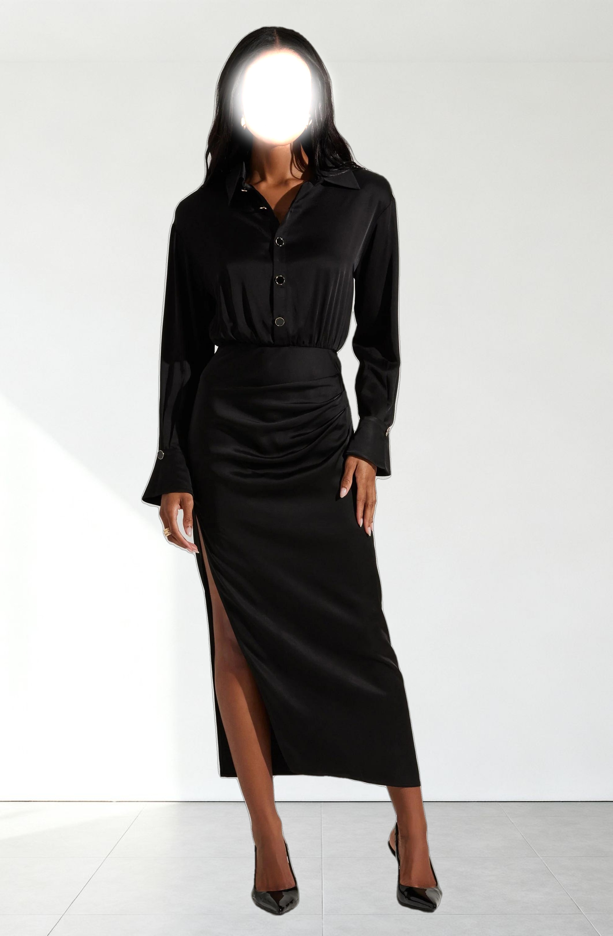 Elizabello Satin Midi Shirt Dress