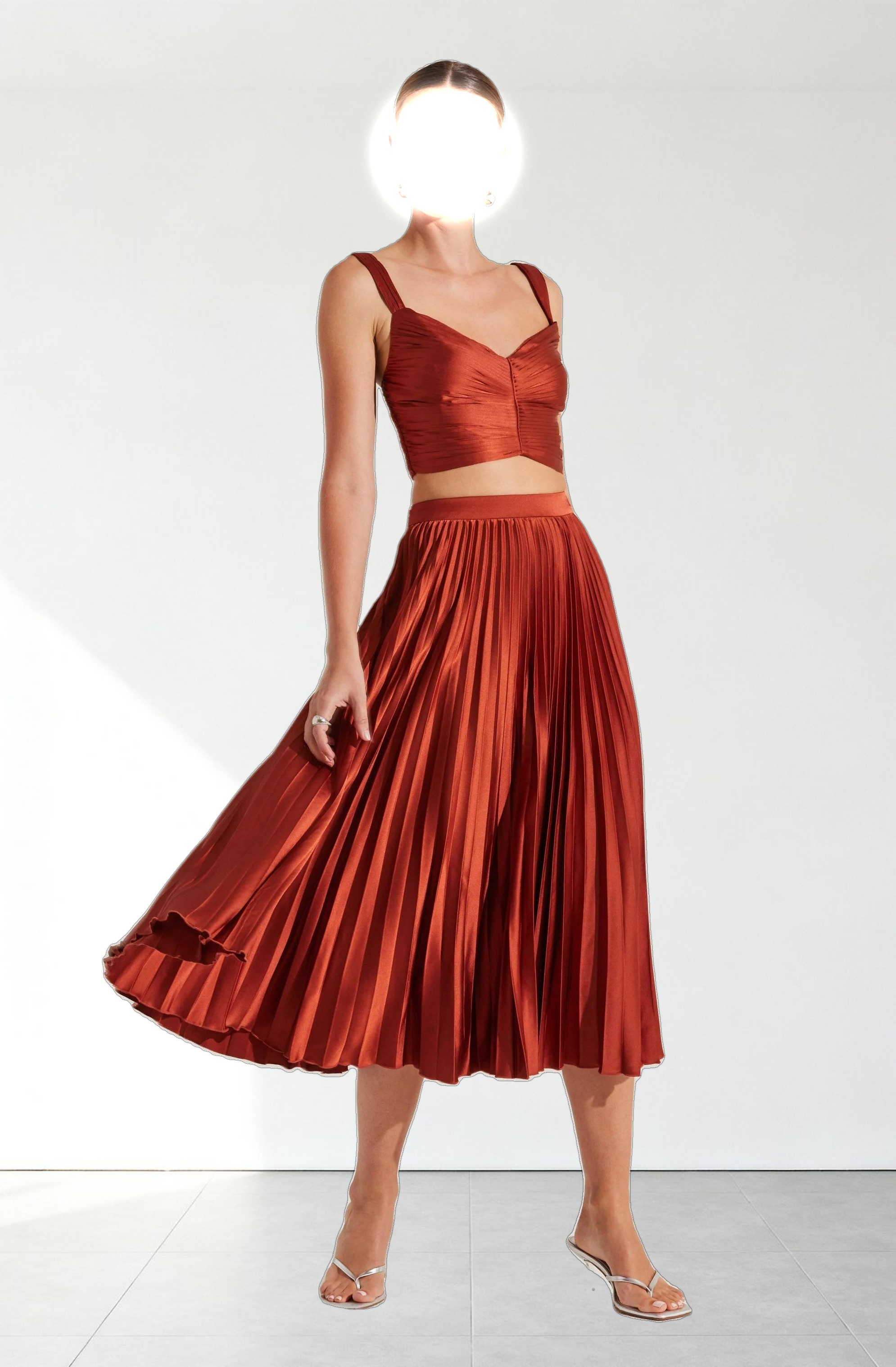 Pleated Satin Midi Skirt