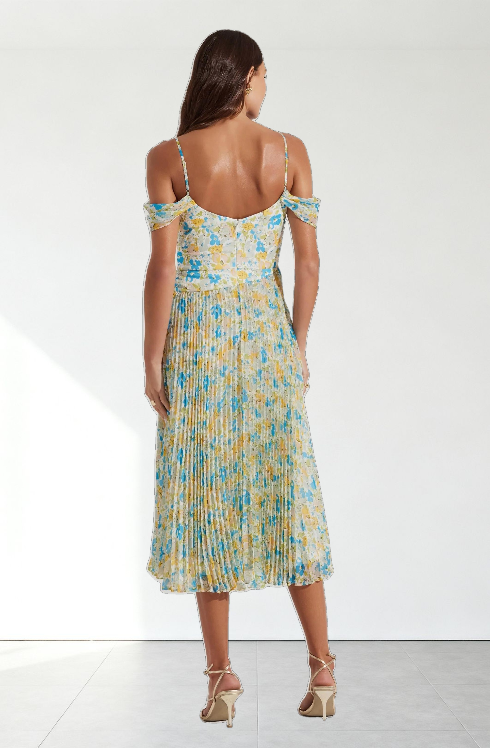 Pleated Cold Shoulder Midi Dress