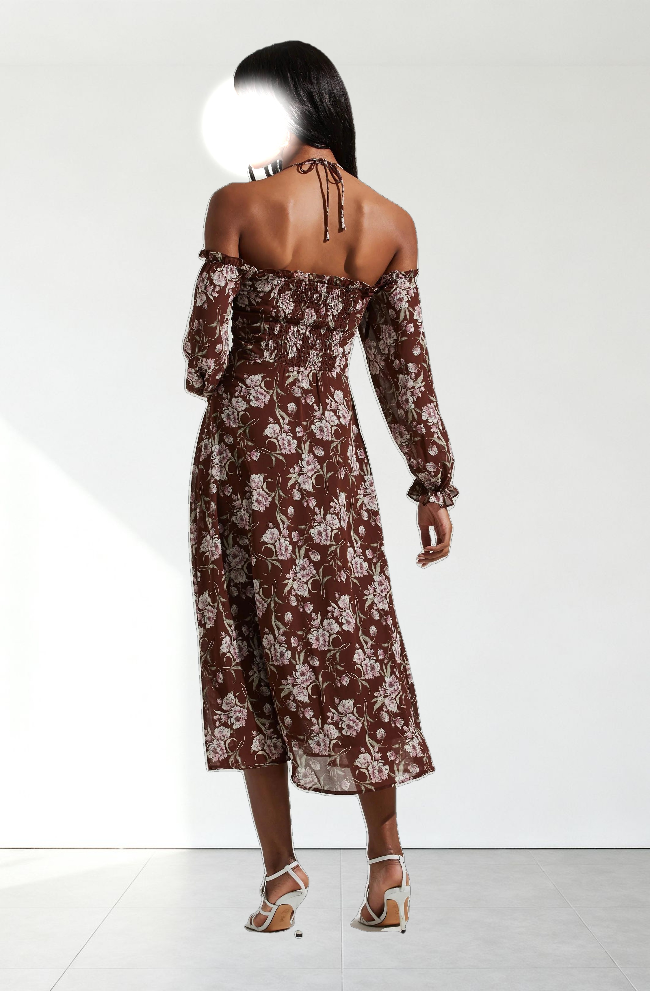 Off Shoulder Long Sleeve Cinched Bust Midi Dress