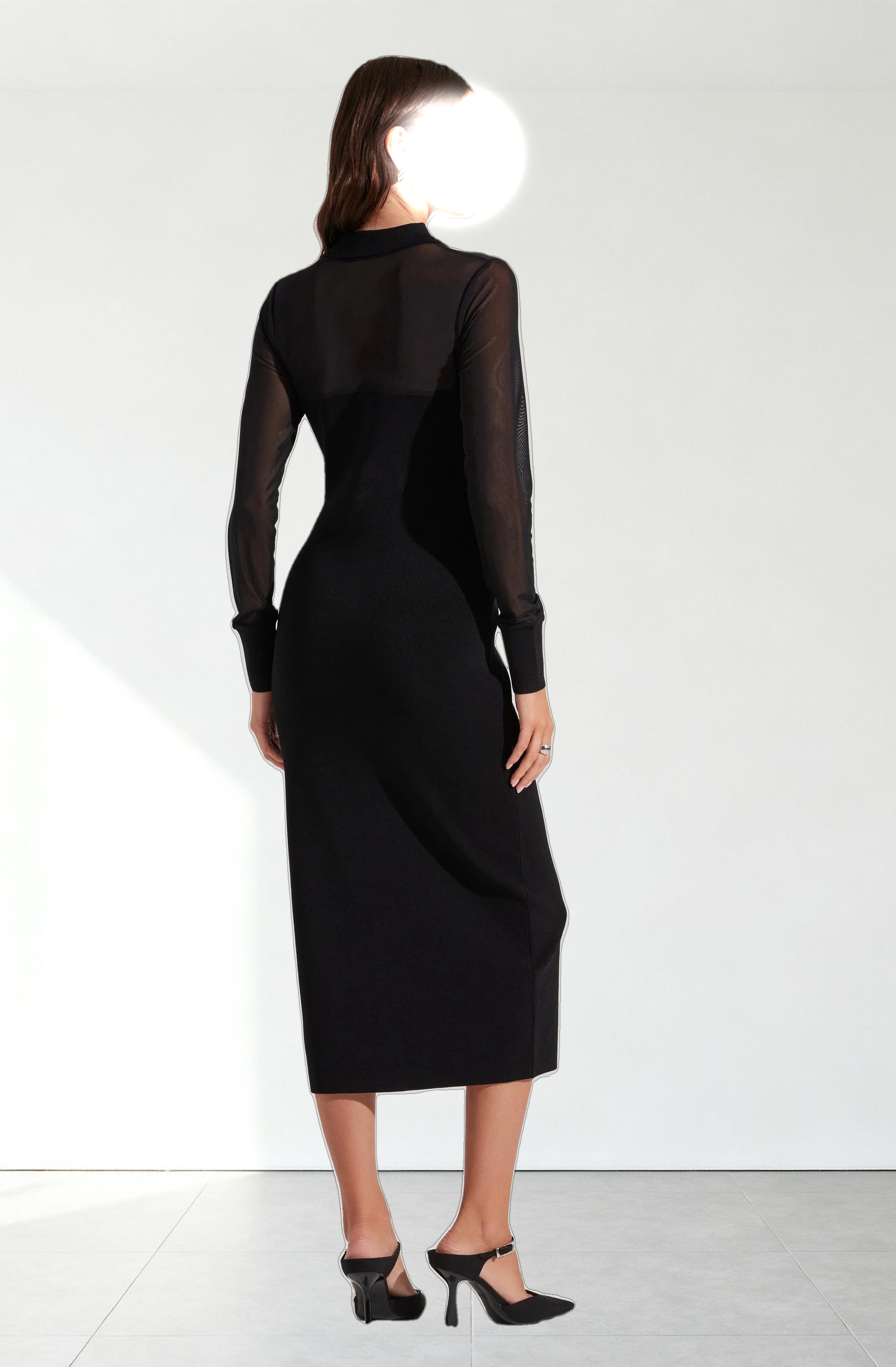 Contrast Mesh Collared Midi Dress
