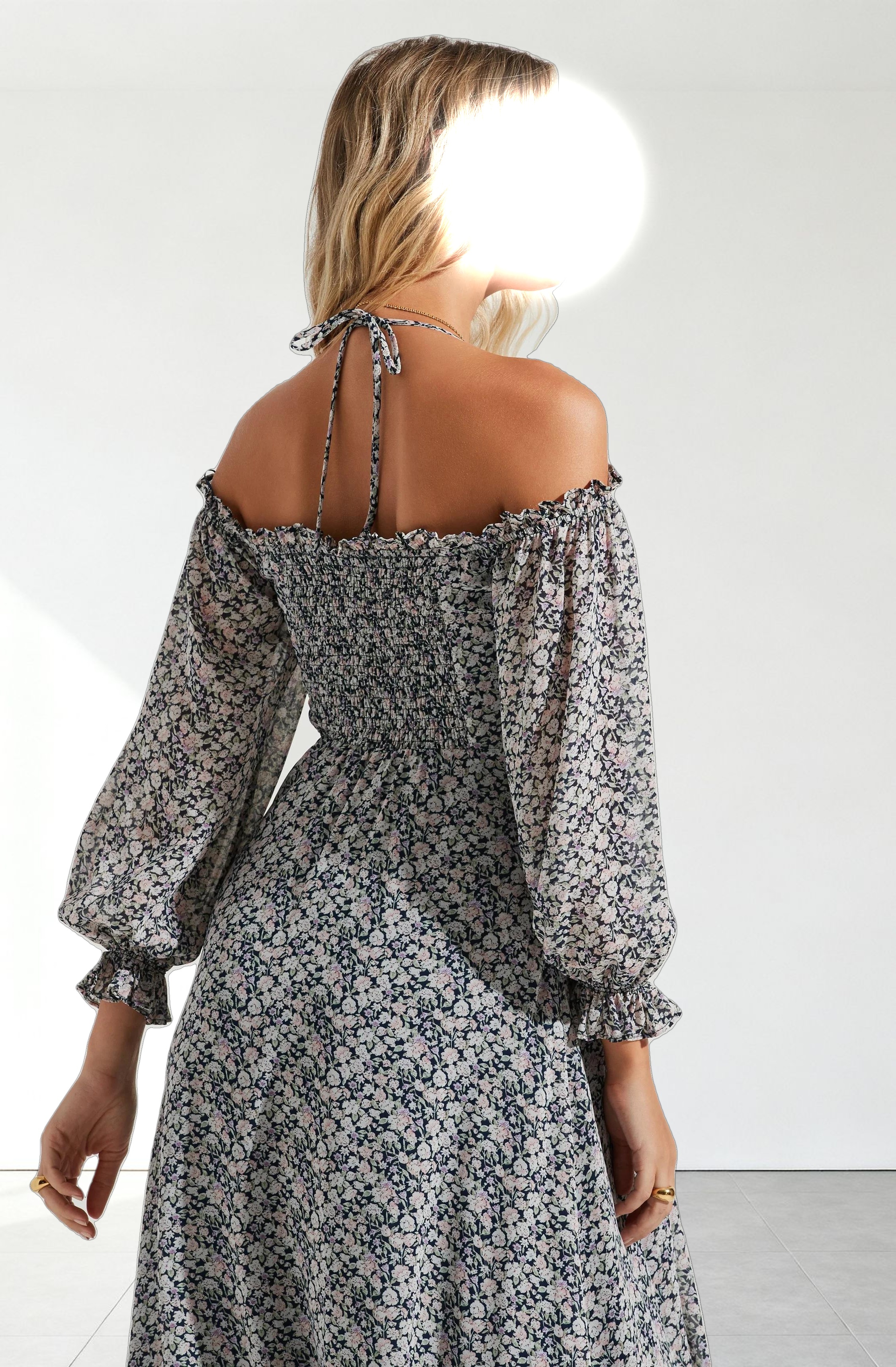 Off Shoulder Long Sleeve Cinched Bust Midi Dress