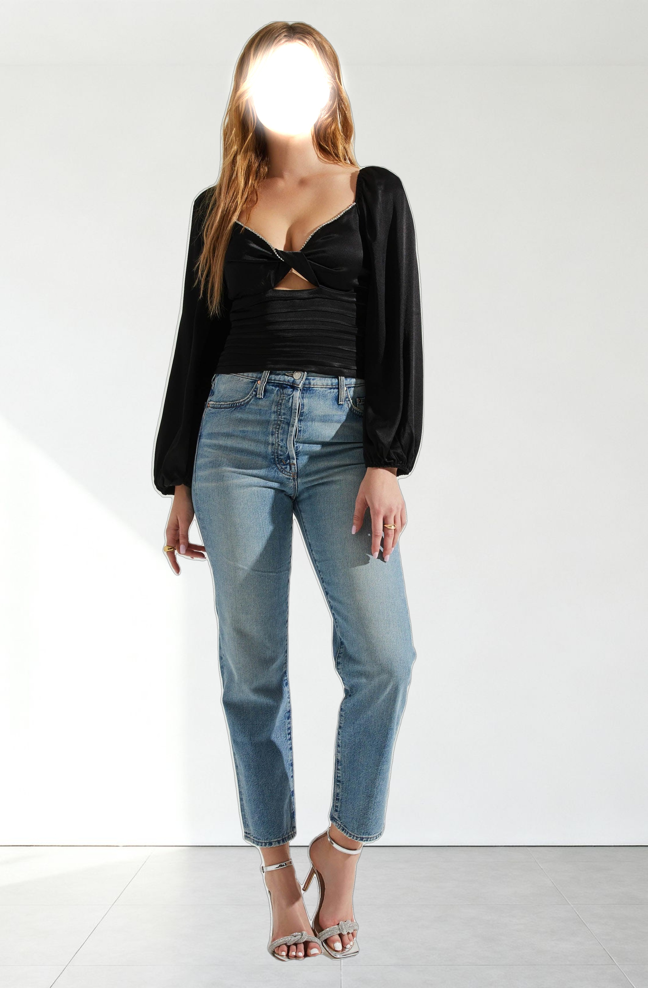 Yamuna Rhinestone Trim Long Sleeve Top