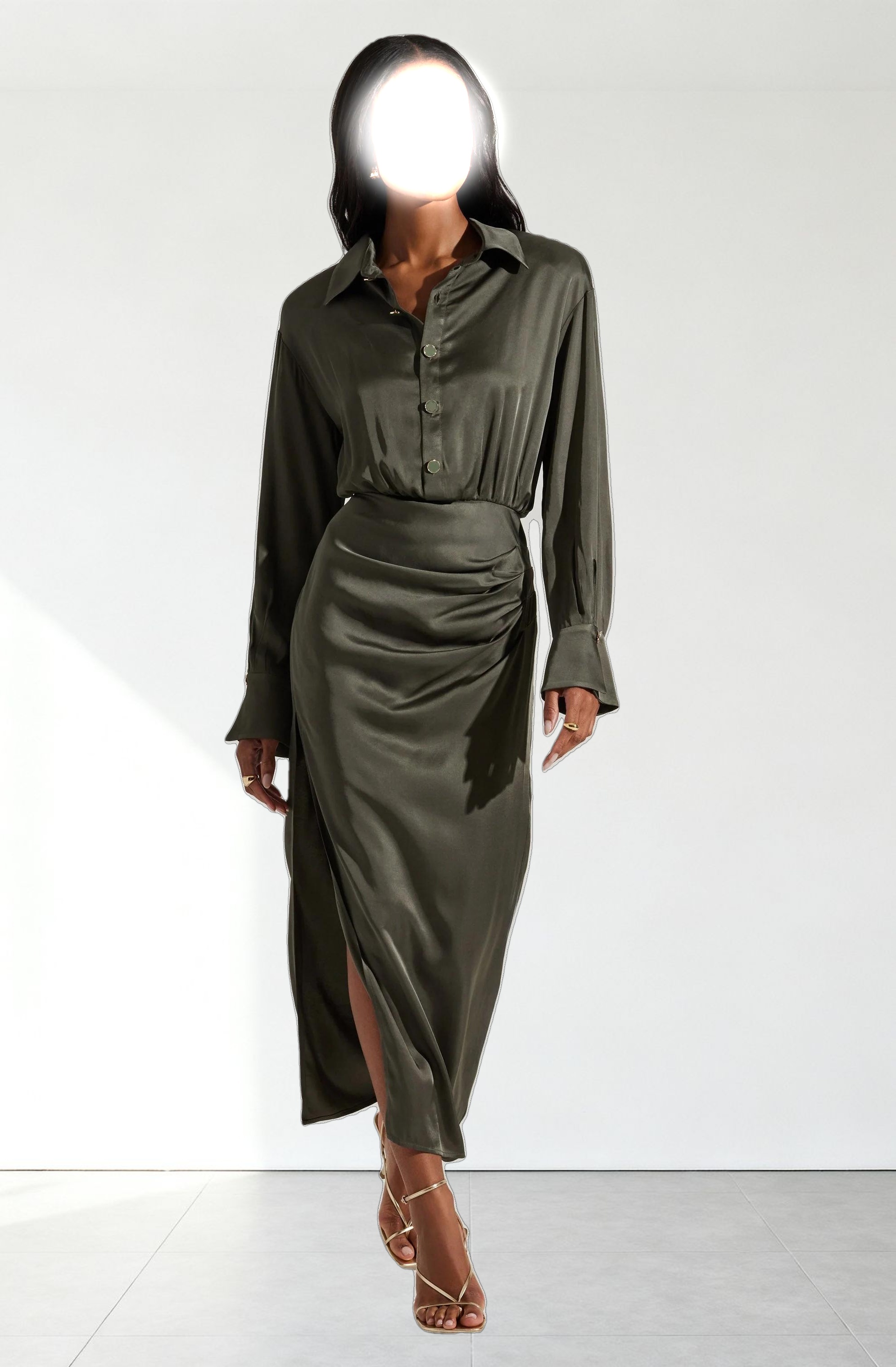 Elizabello Satin Midi Shirt Dress