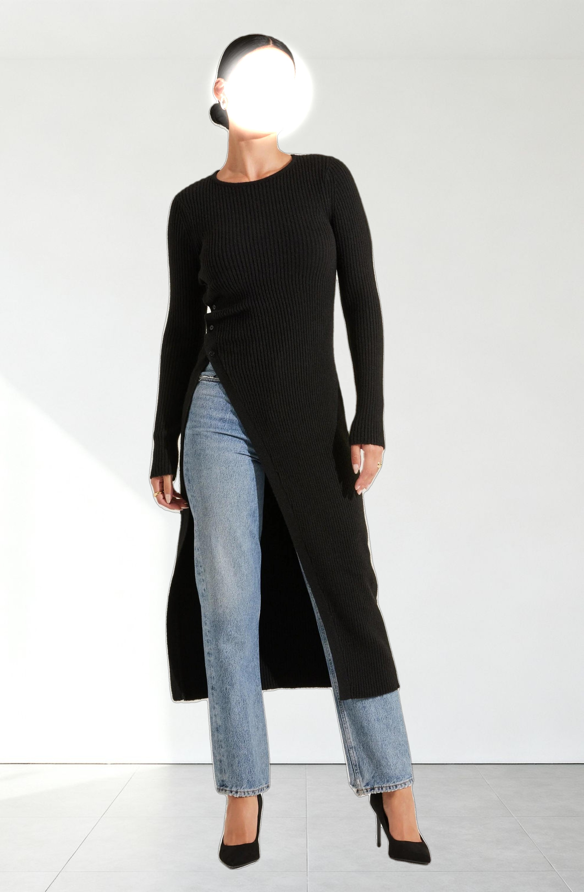 Ribbed Hi Slit Button Sweater
