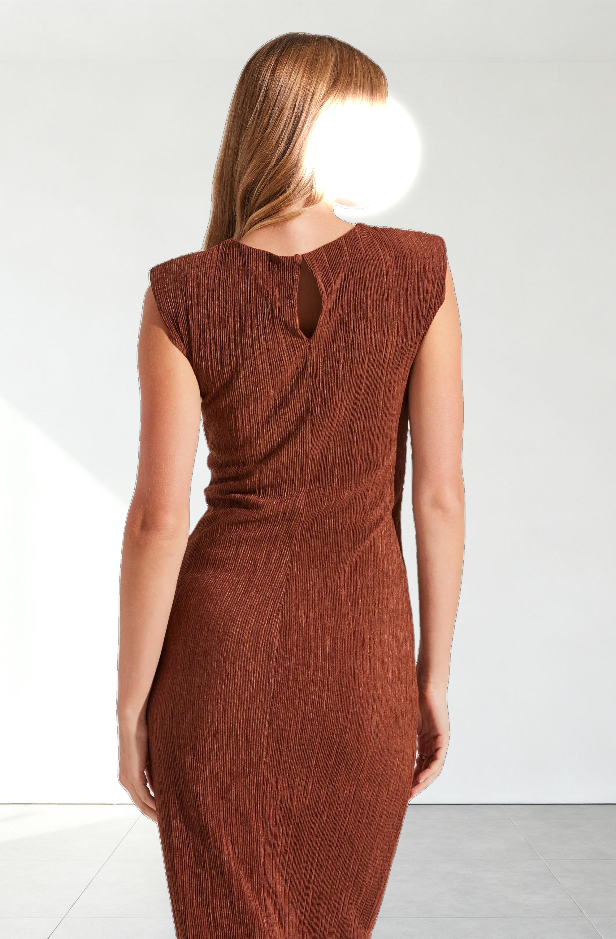 Plisse Straight Neck Midi Dress