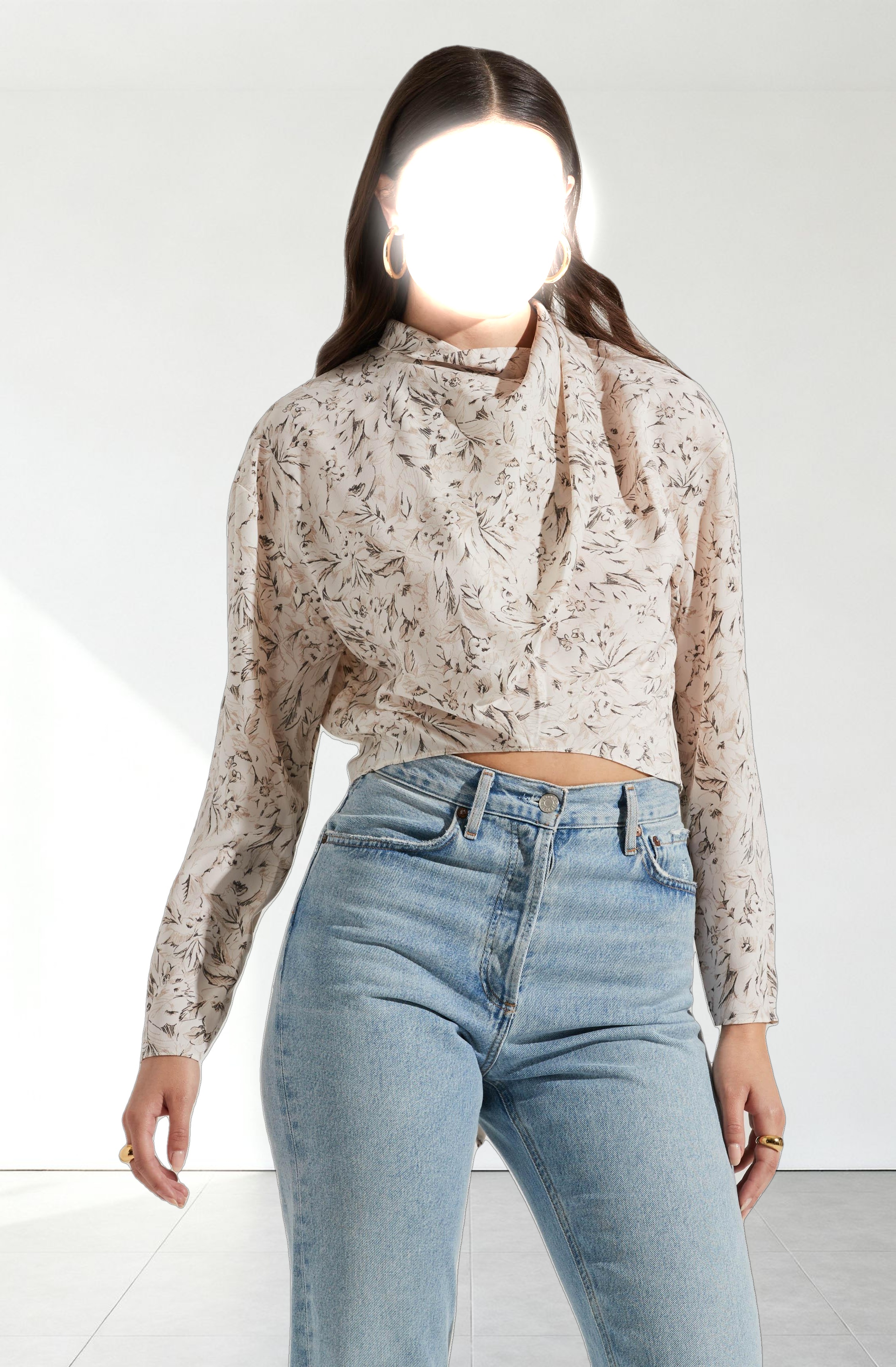 Long Sleeve Drape Tie Back Neck Back Top