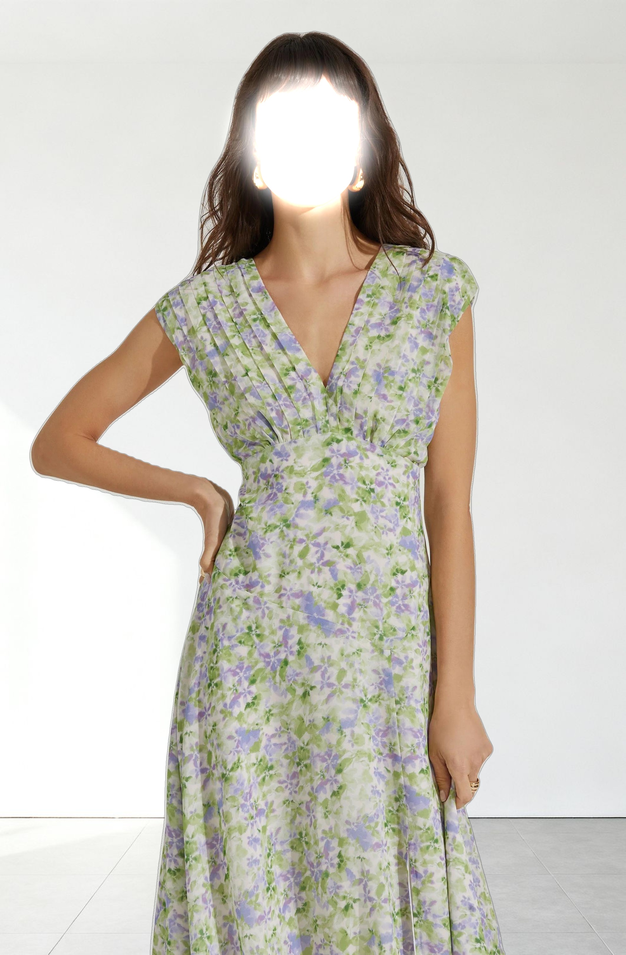 V-Neck Pleated Midi Dress