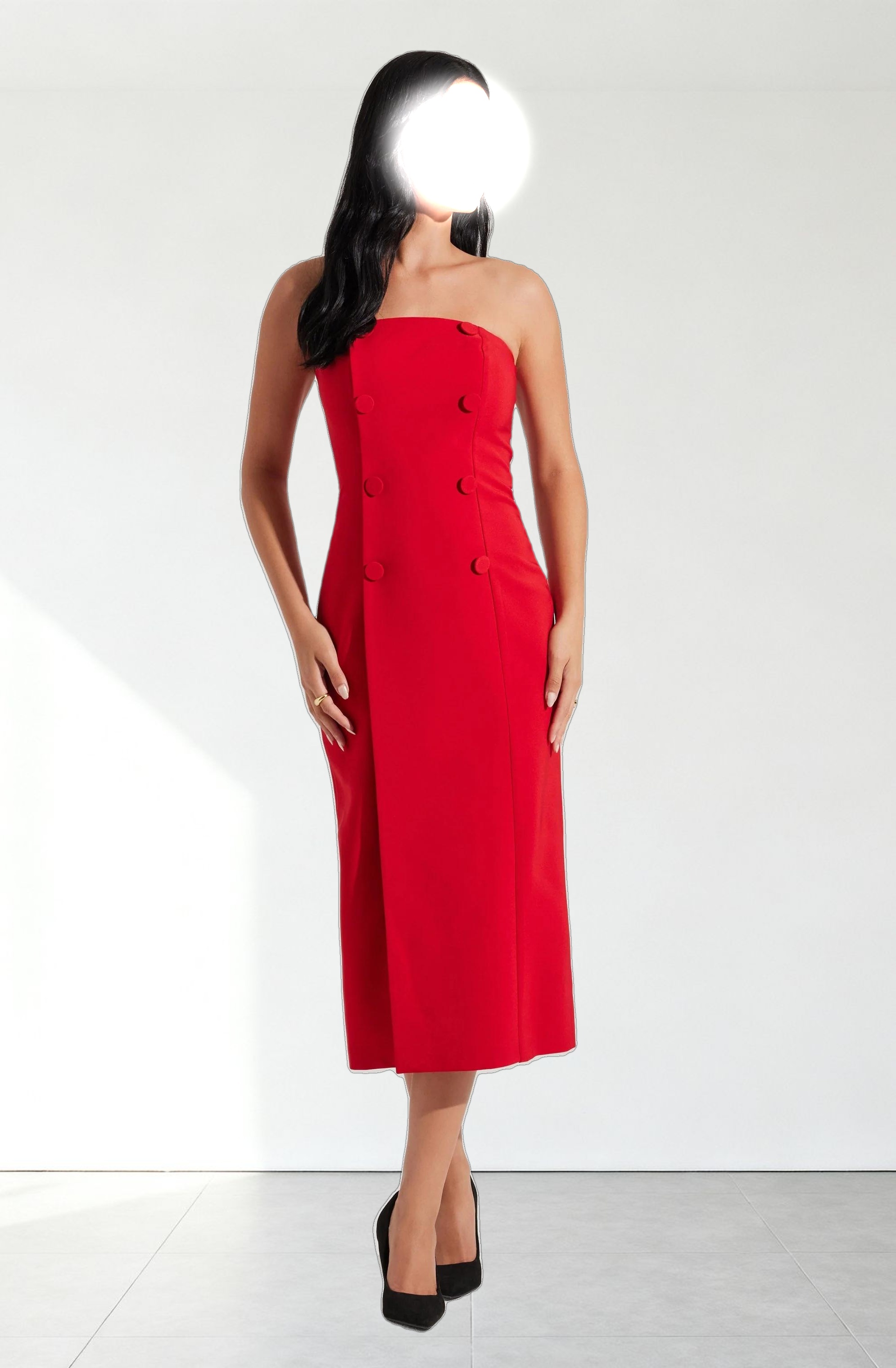 Strapless Double-Breasted Midi Dress