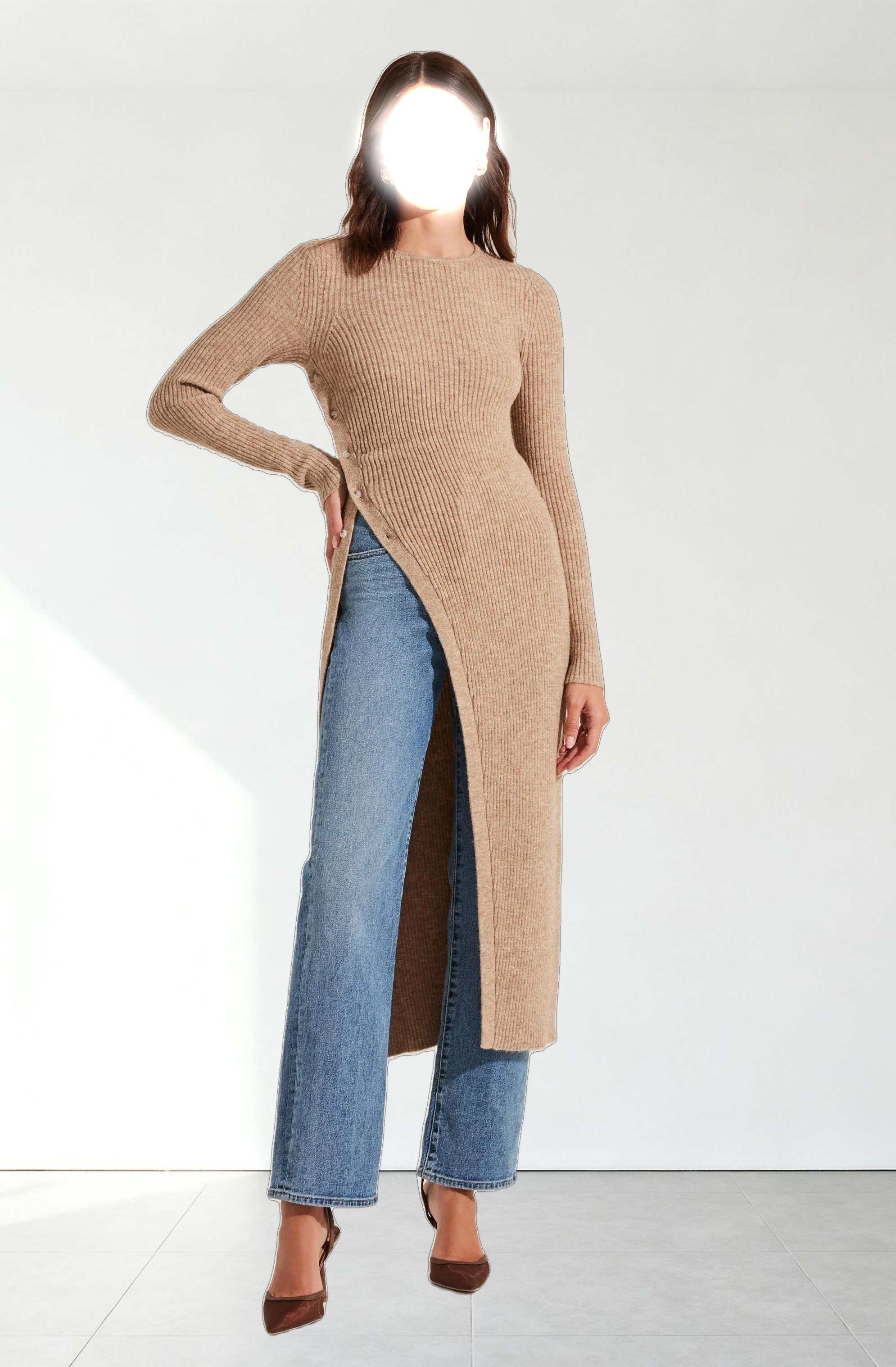 Ribbed Hi Slit Button Sweater