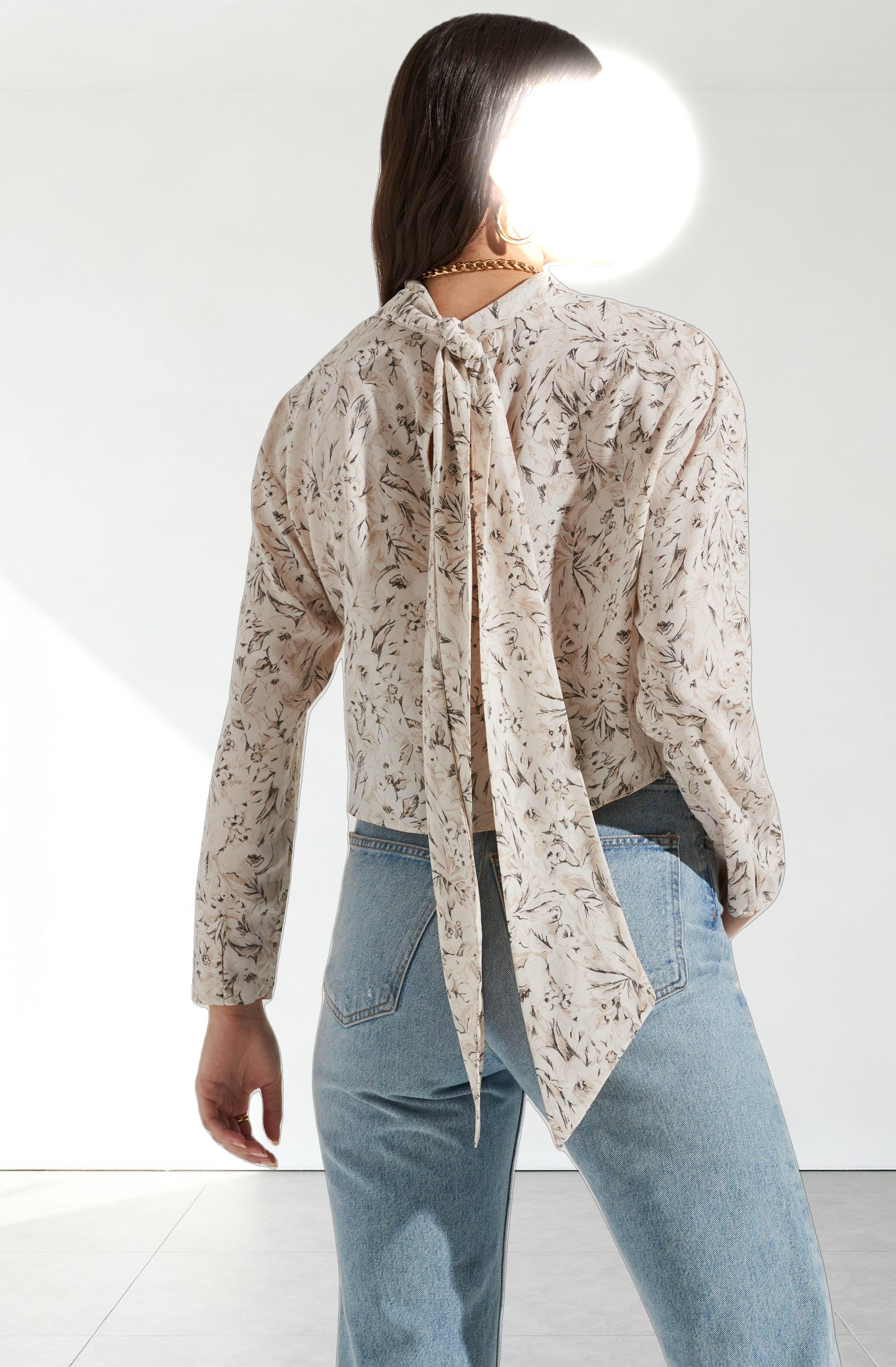 Long Sleeve Drape Tie Back Neck Back Top