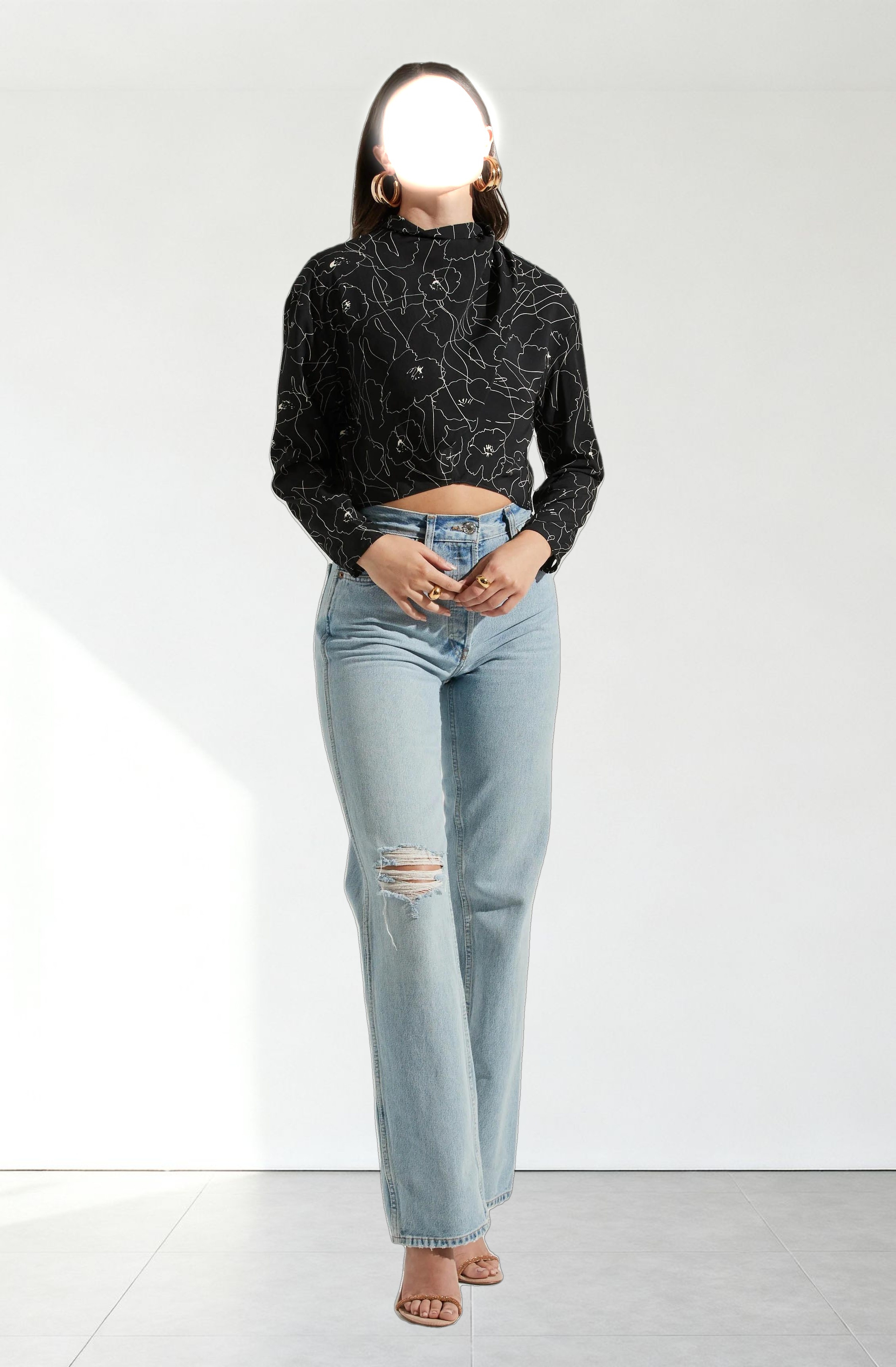 Long Sleeve Drape Tie Back Neck Back Top