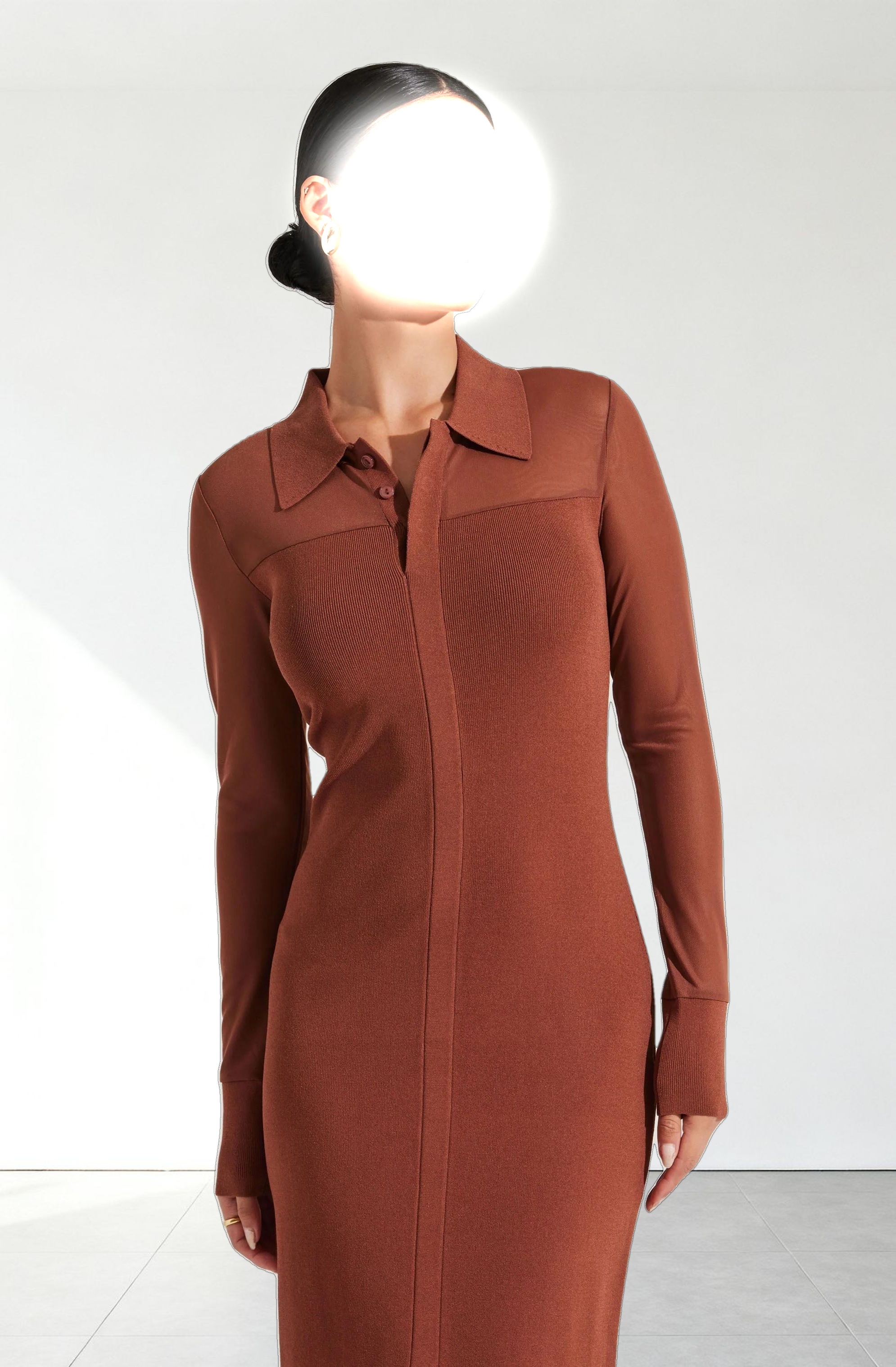 Contrast Mesh Collared Midi Dress